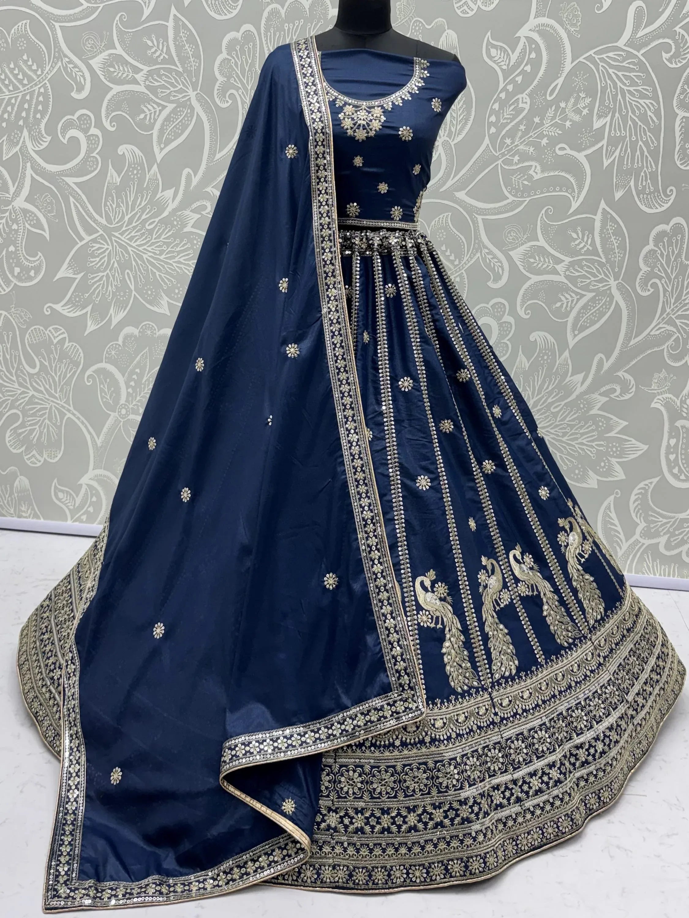 Gorgeous Navy Blue Sequins Silk Wedding Wear Lehenga Choli With Dupatta