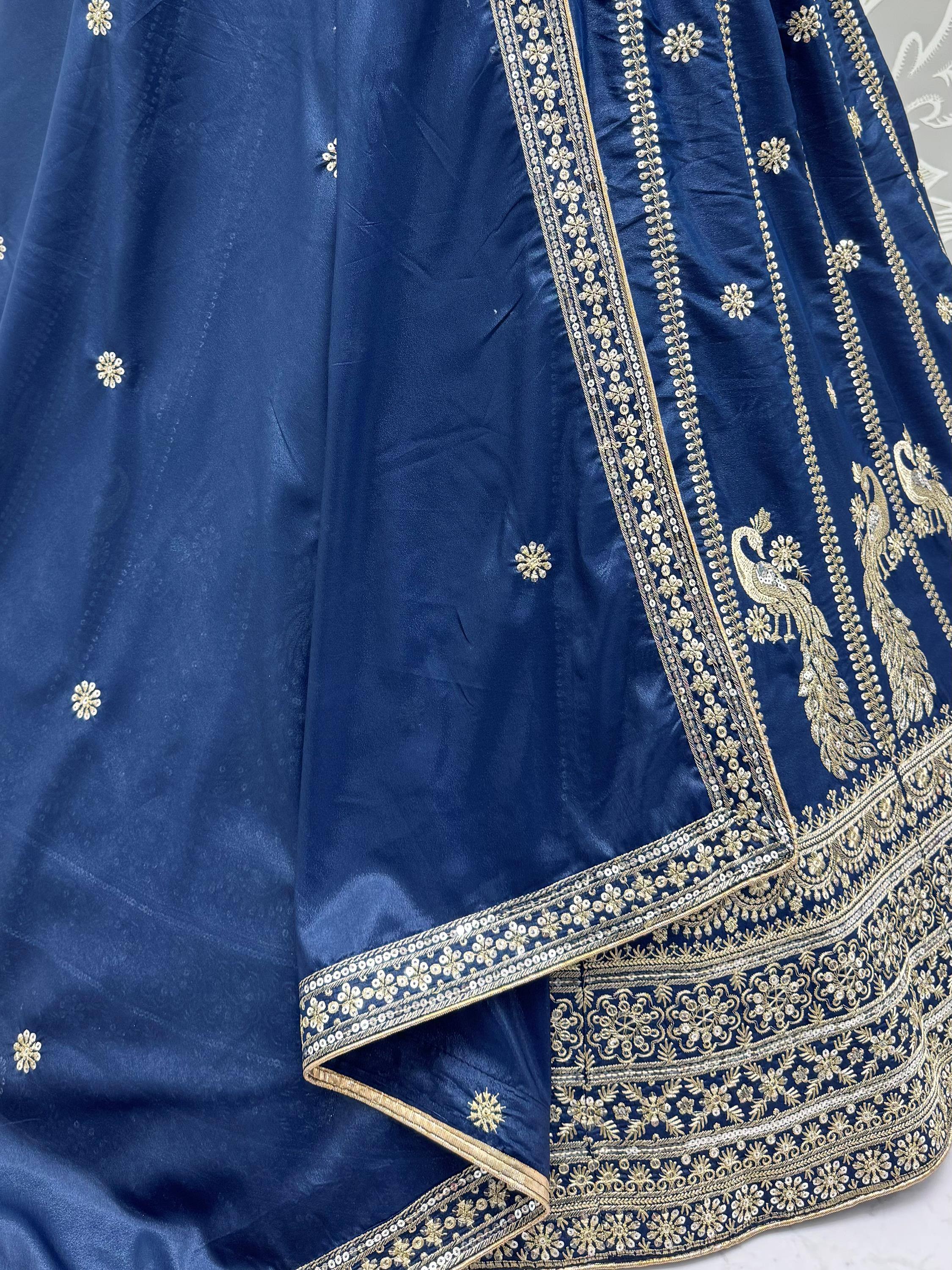 Gorgeous Navy Blue Sequins Silk Wedding Wear Lehenga Choli With Dupatta