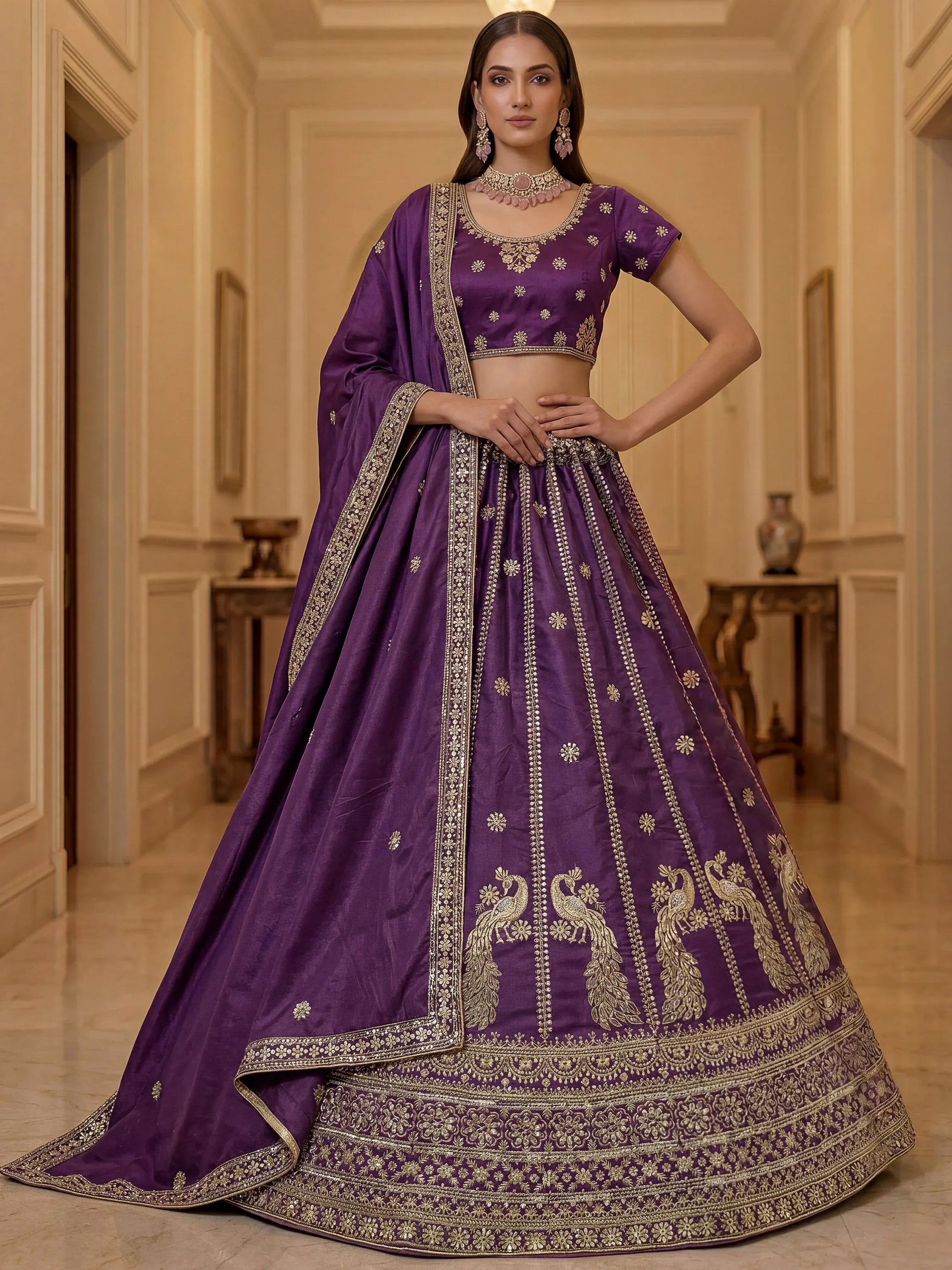 Wondrous Purple Embroidered Silk Reception Wear Lehenga Choli
