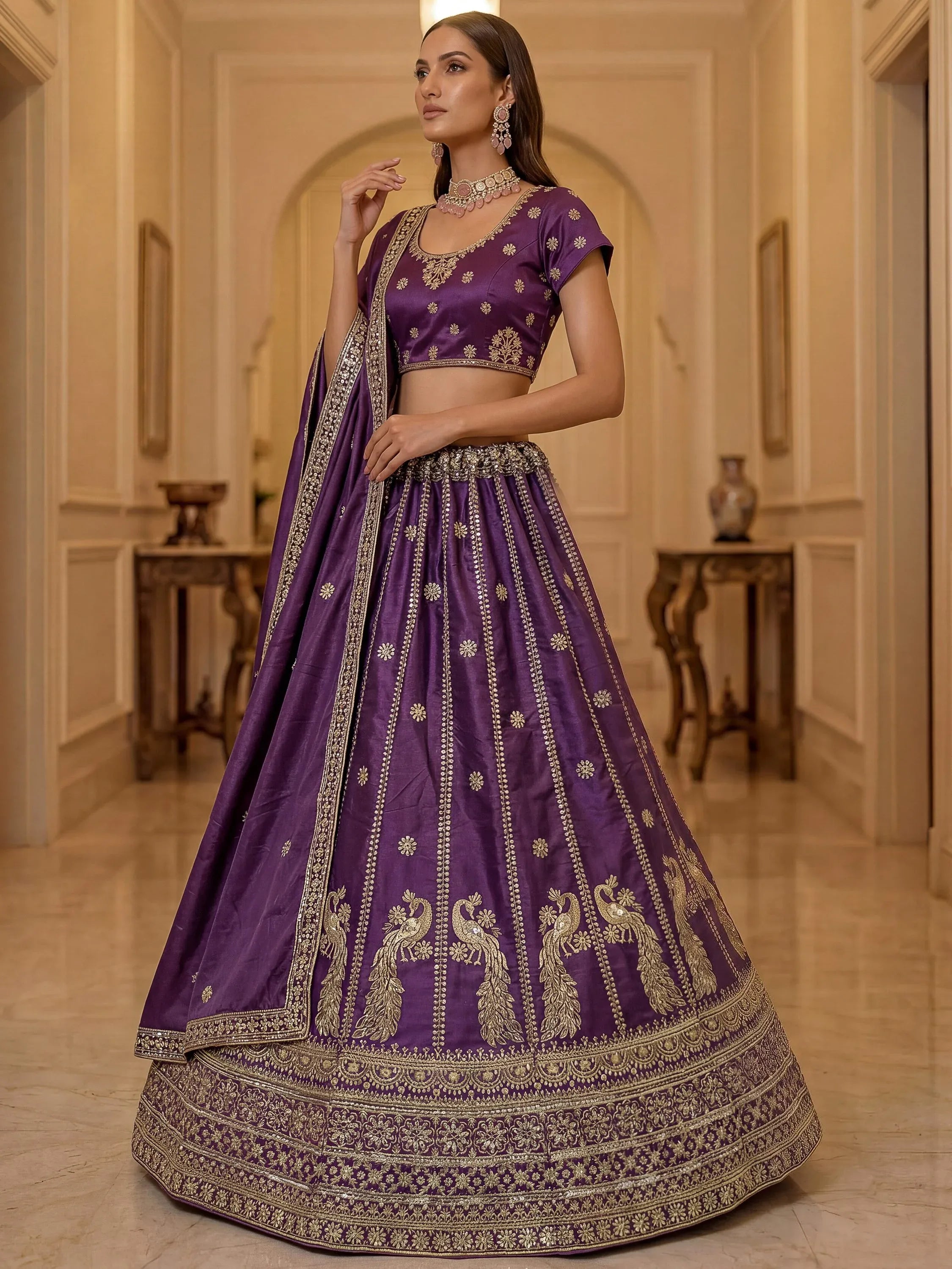 Wondrous Purple Embroidered Silk Reception Wear Lehenga Choli