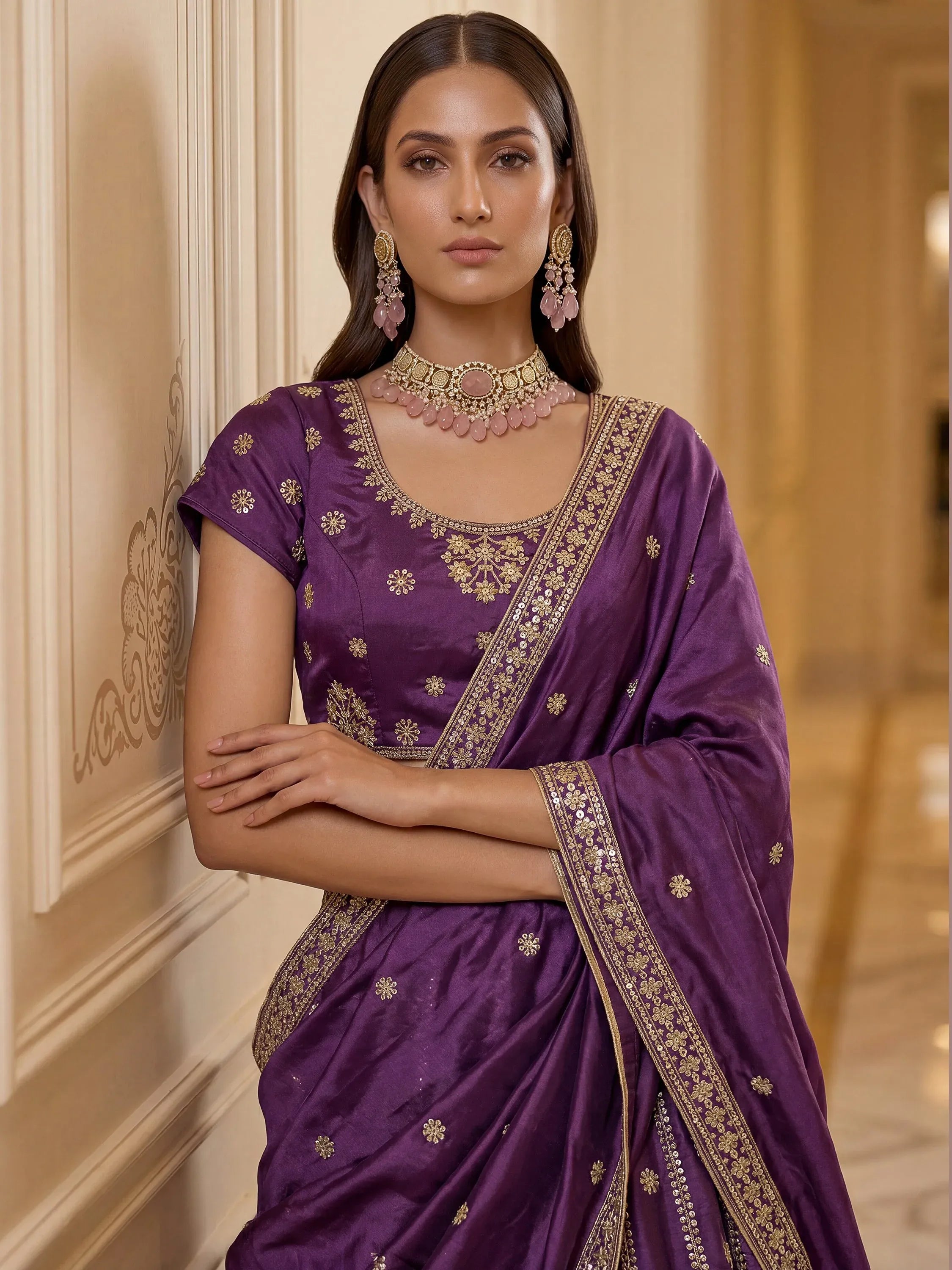 Wondrous Purple Embroidered Silk Reception Wear Lehenga Choli