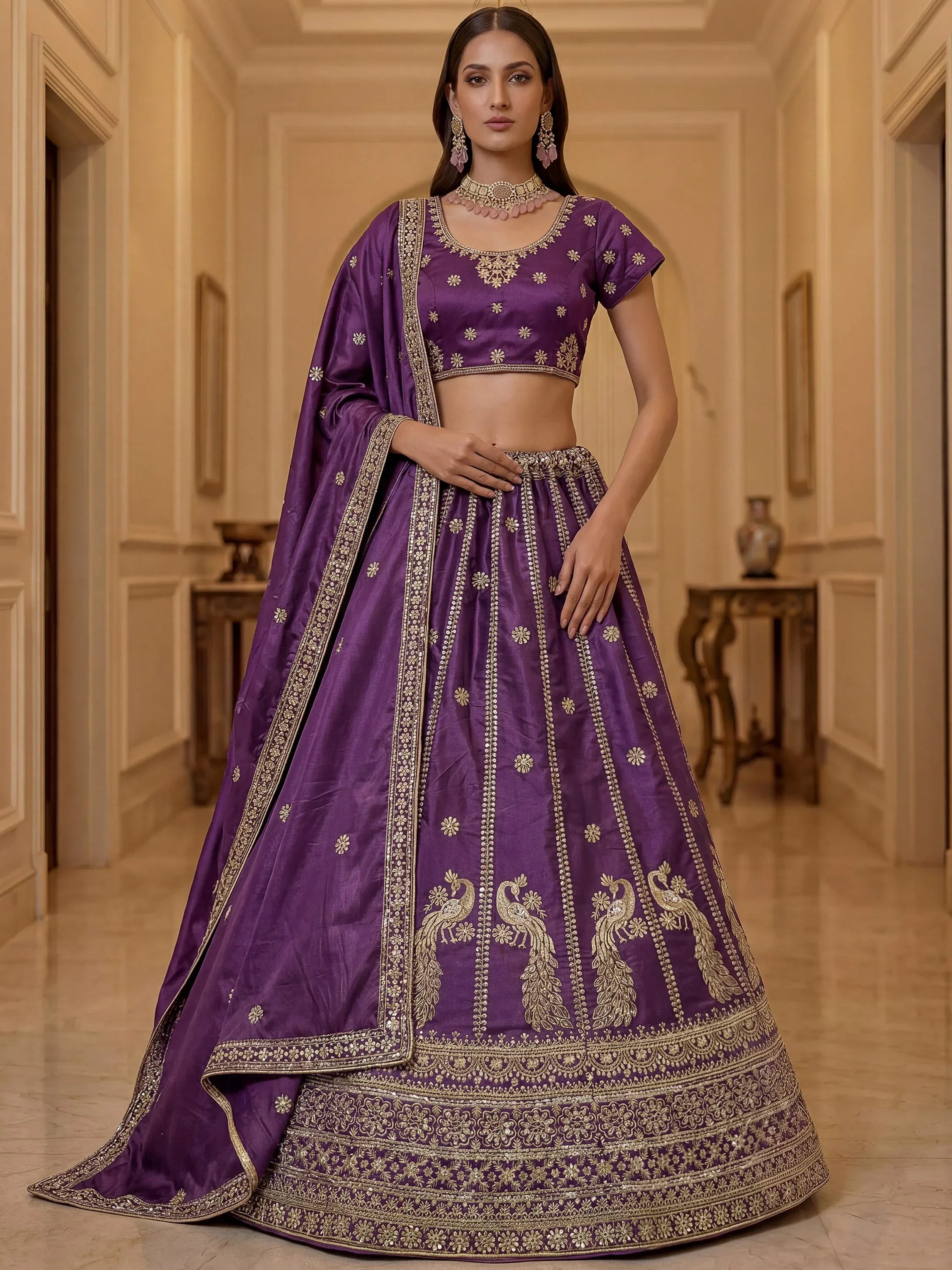 Wondrous Purple Embroidered Silk Reception Wear Lehenga Choli