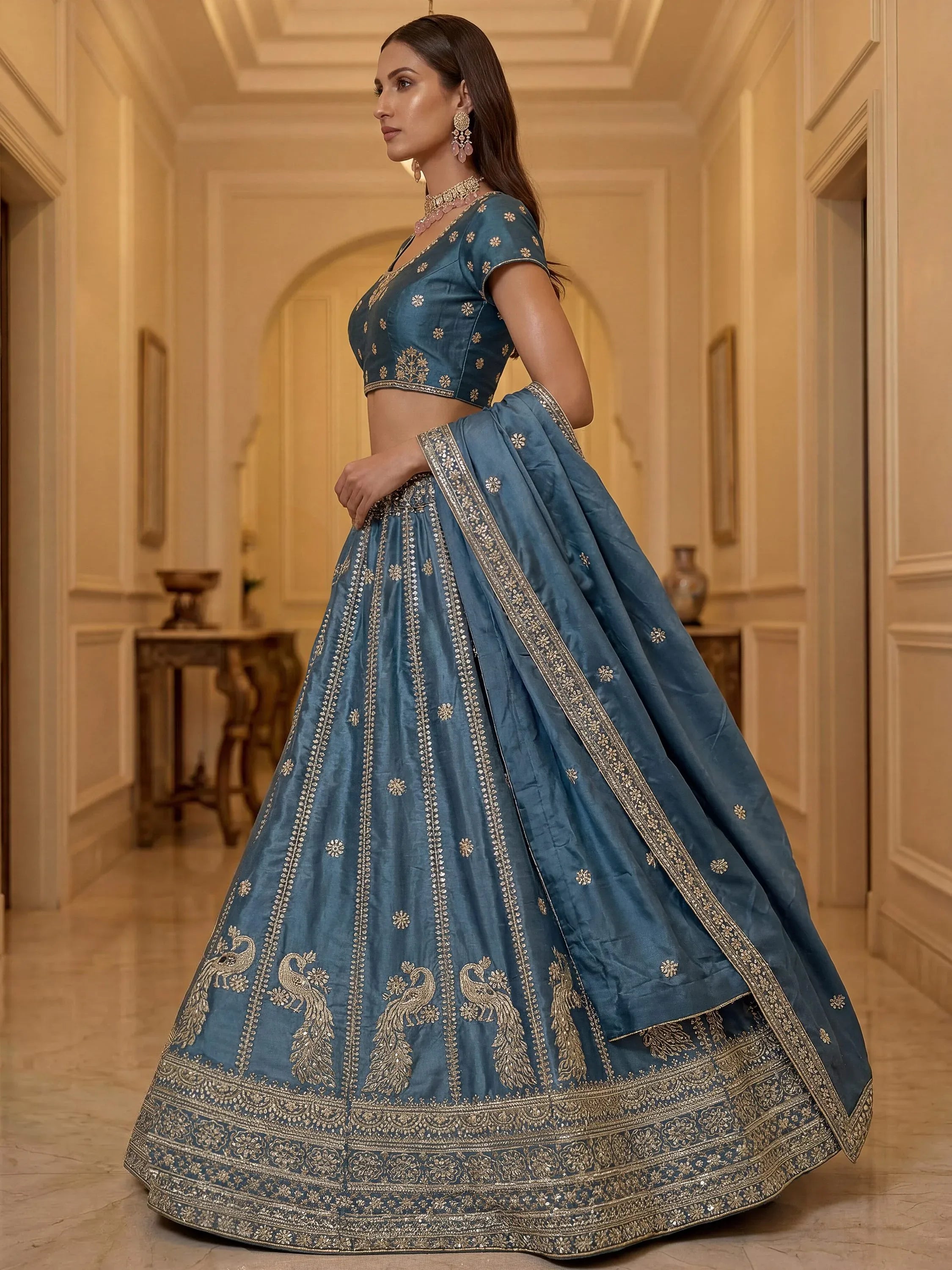 Astonishing Sky Blue Zari Embroidery Silk Sangeet Wear Lehenga Choli