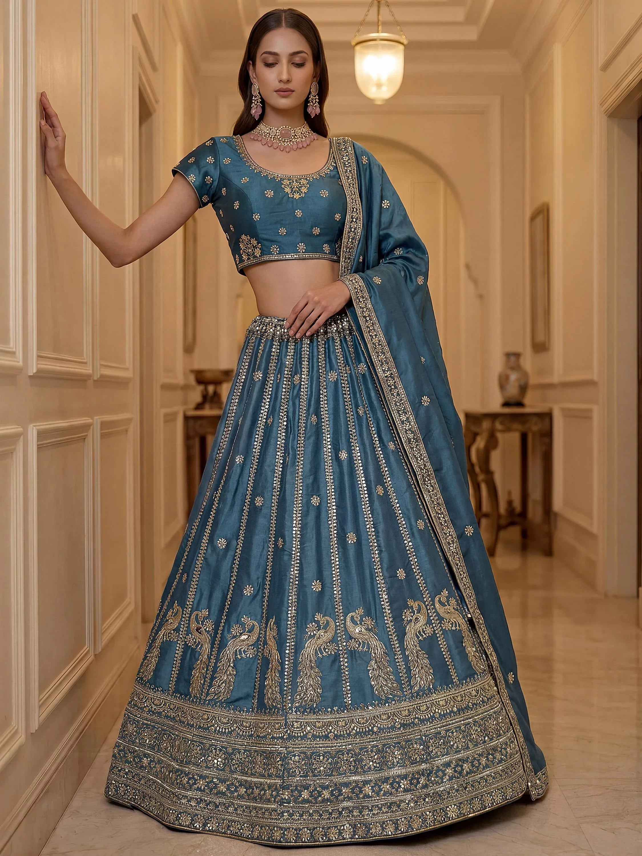 Astonishing Sky Blue Zari Embroidery Silk Sangeet Wear Lehenga Choli