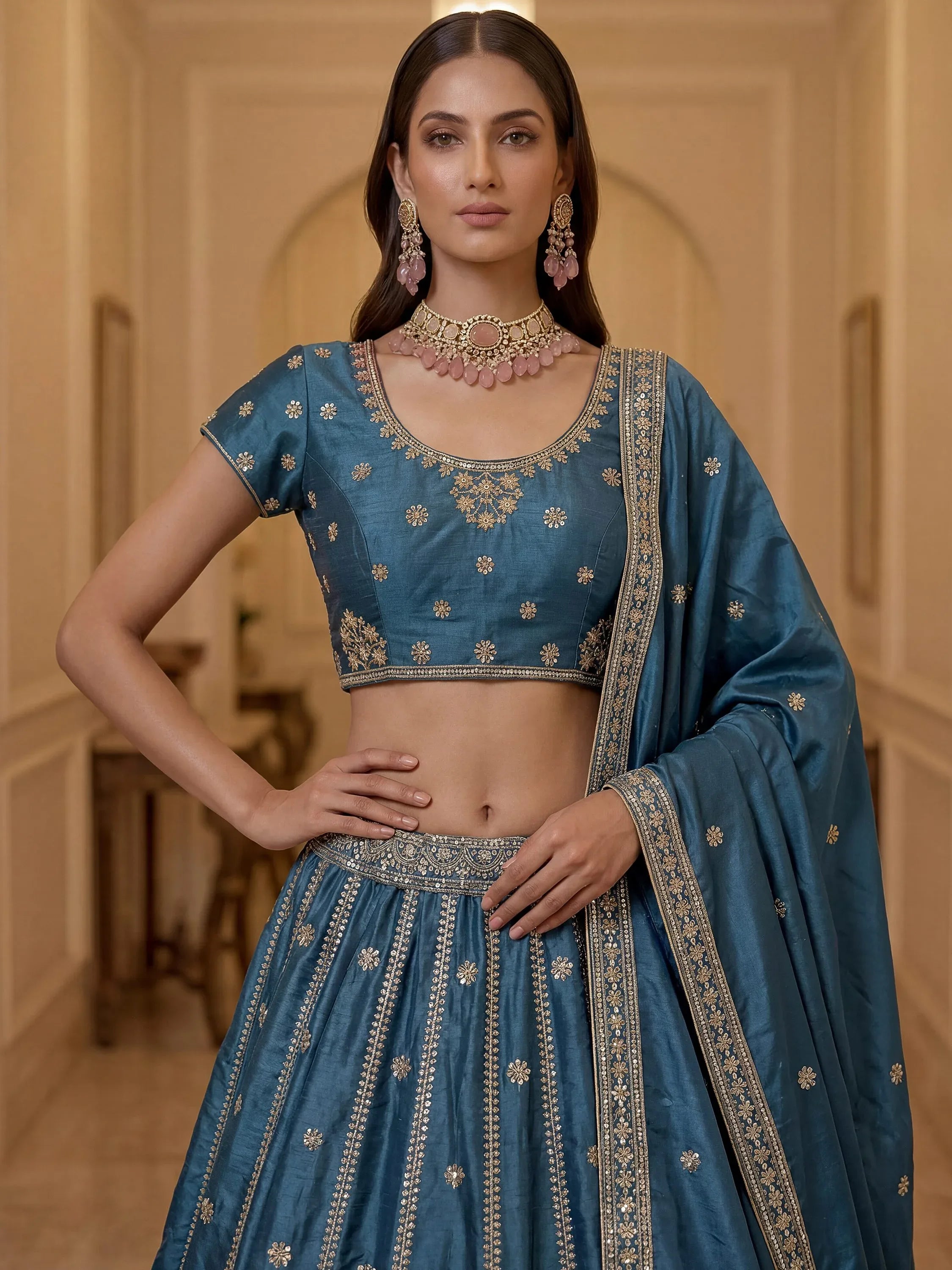 Astonishing Sky Blue Zari Embroidery Silk Sangeet Wear Lehenga Choli