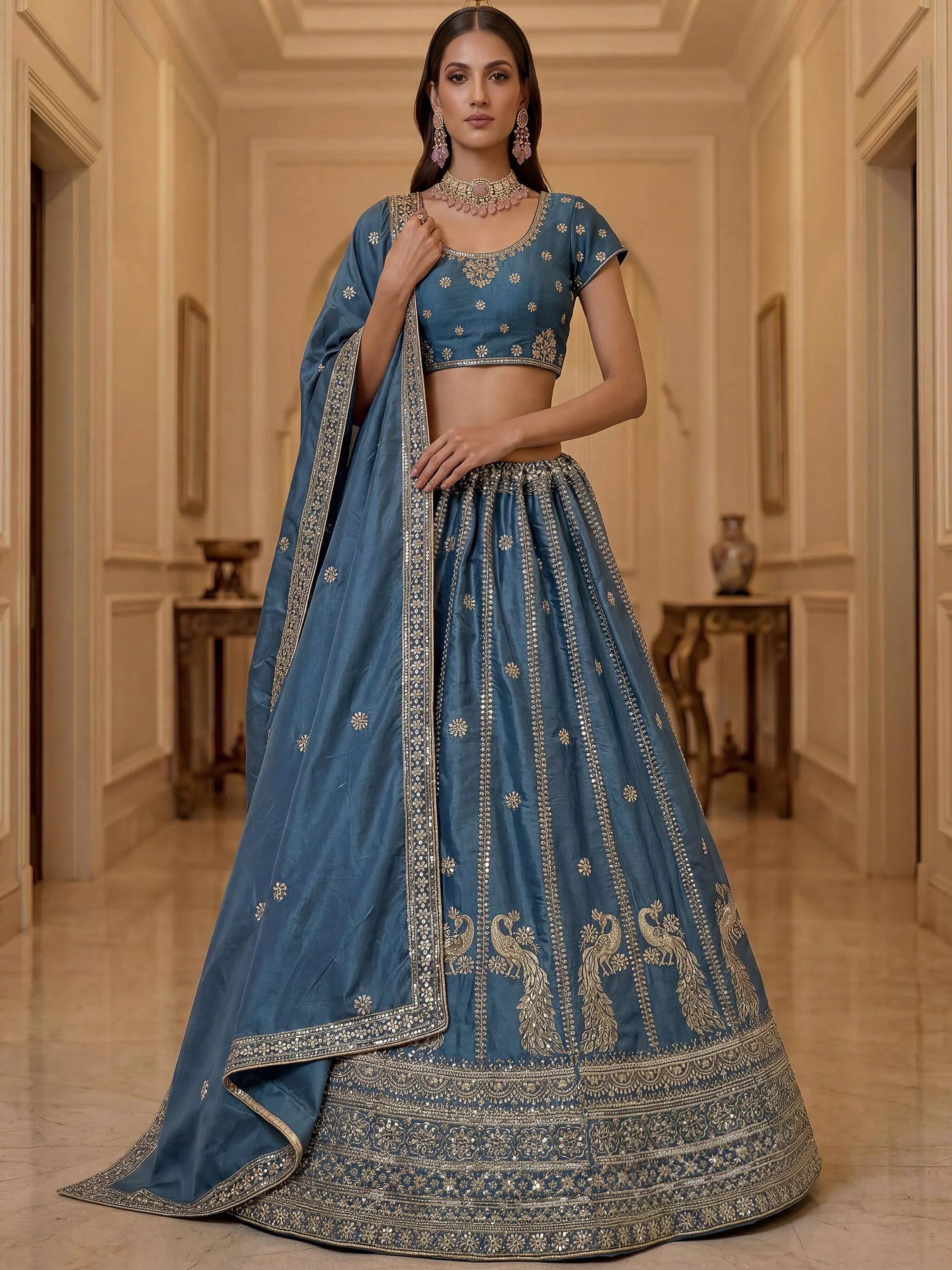 Astonishing Sky Blue Zari Embroidery Silk Sangeet Wear Lehenga Choli