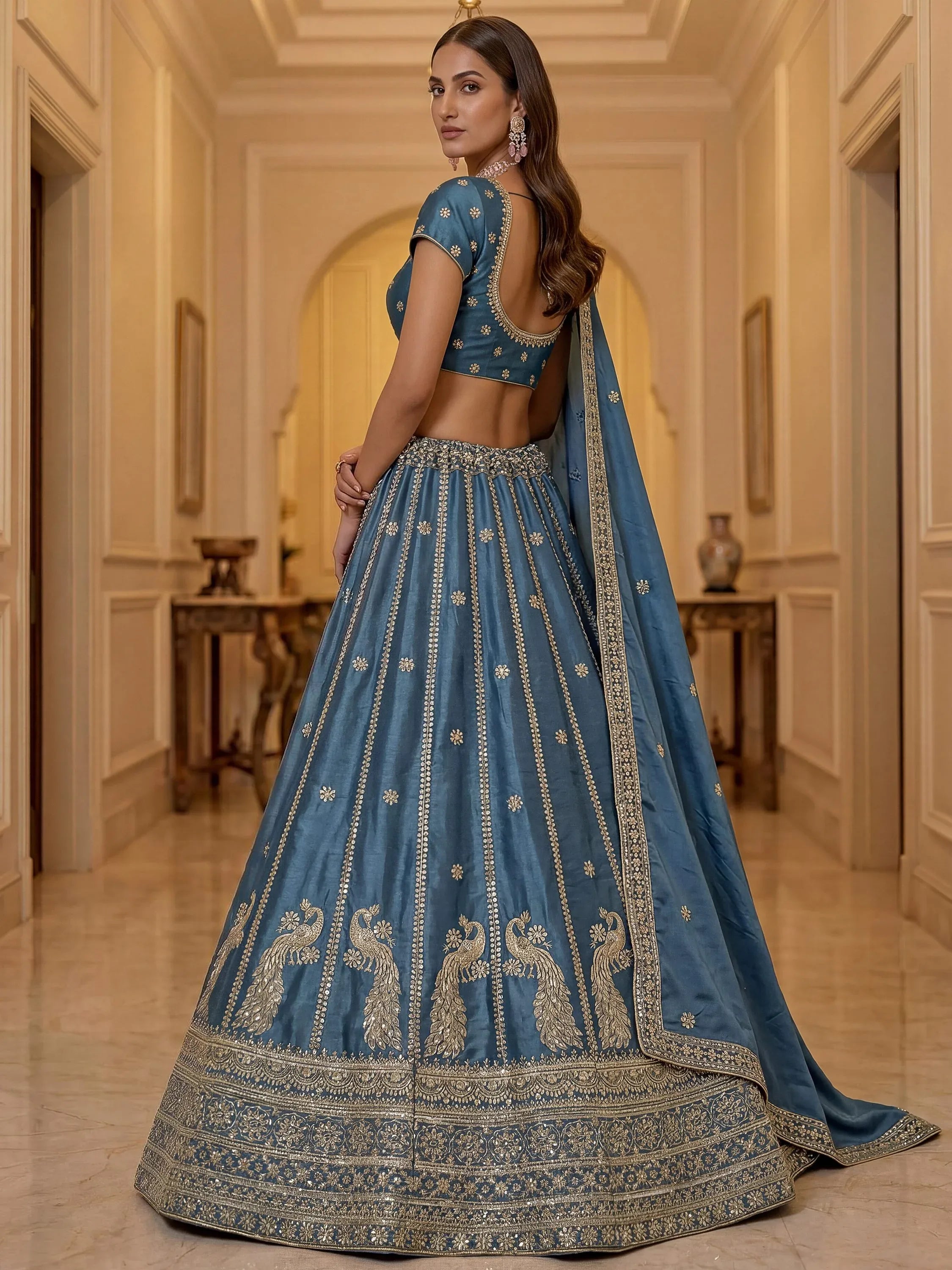 Astonishing Sky Blue Zari Embroidery Silk Sangeet Wear Lehenga Choli