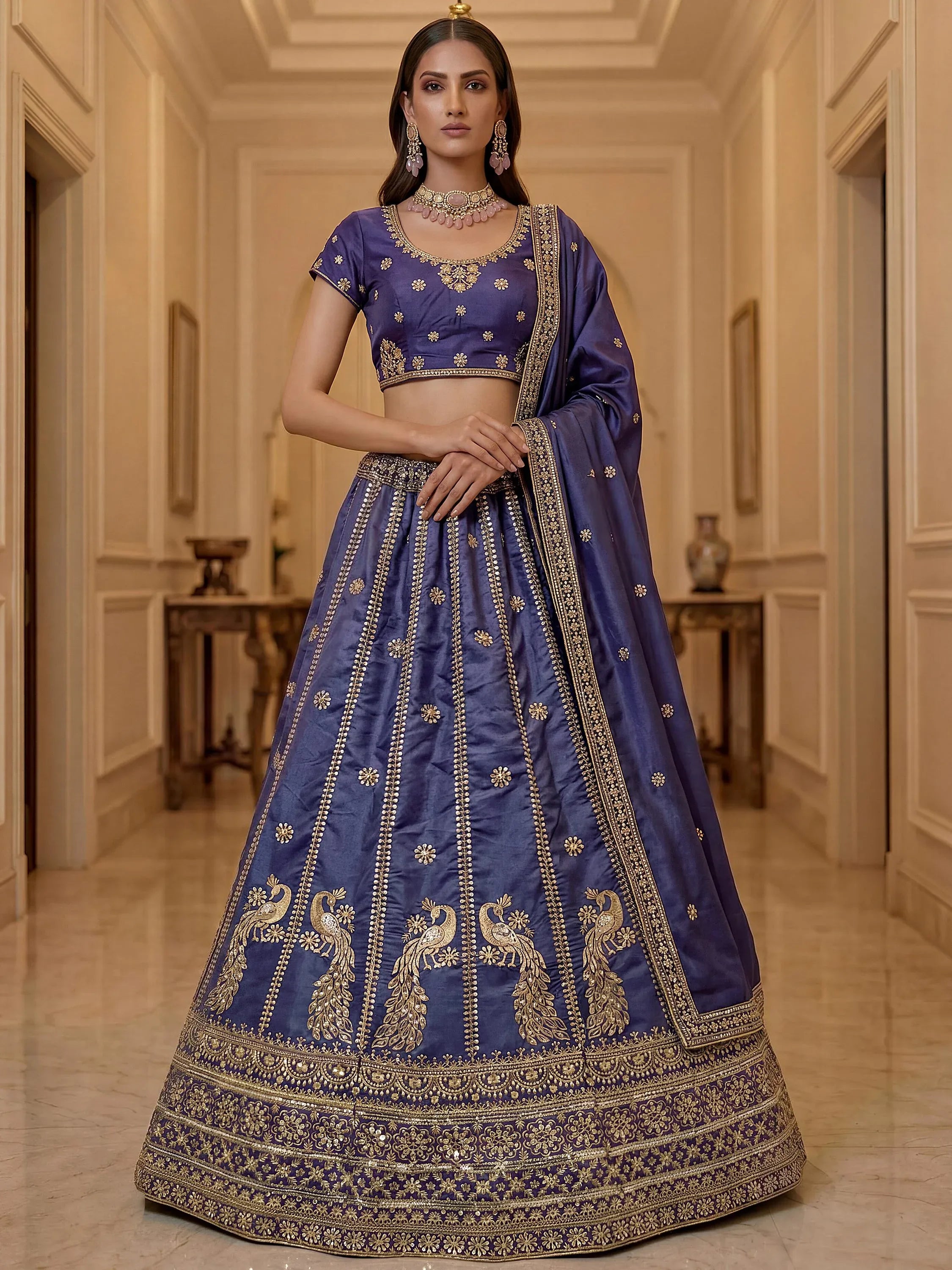 Remarkable Purple Sequins Silk Designer Lehenga Choli With Dupatta