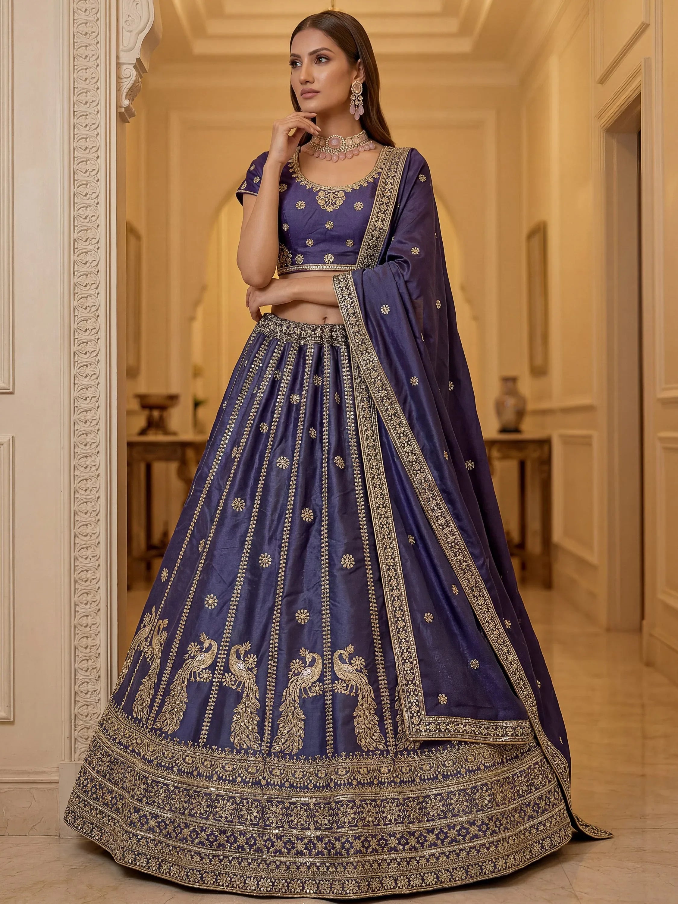 Remarkable Purple Sequins Silk Designer Lehenga Choli With Dupatta