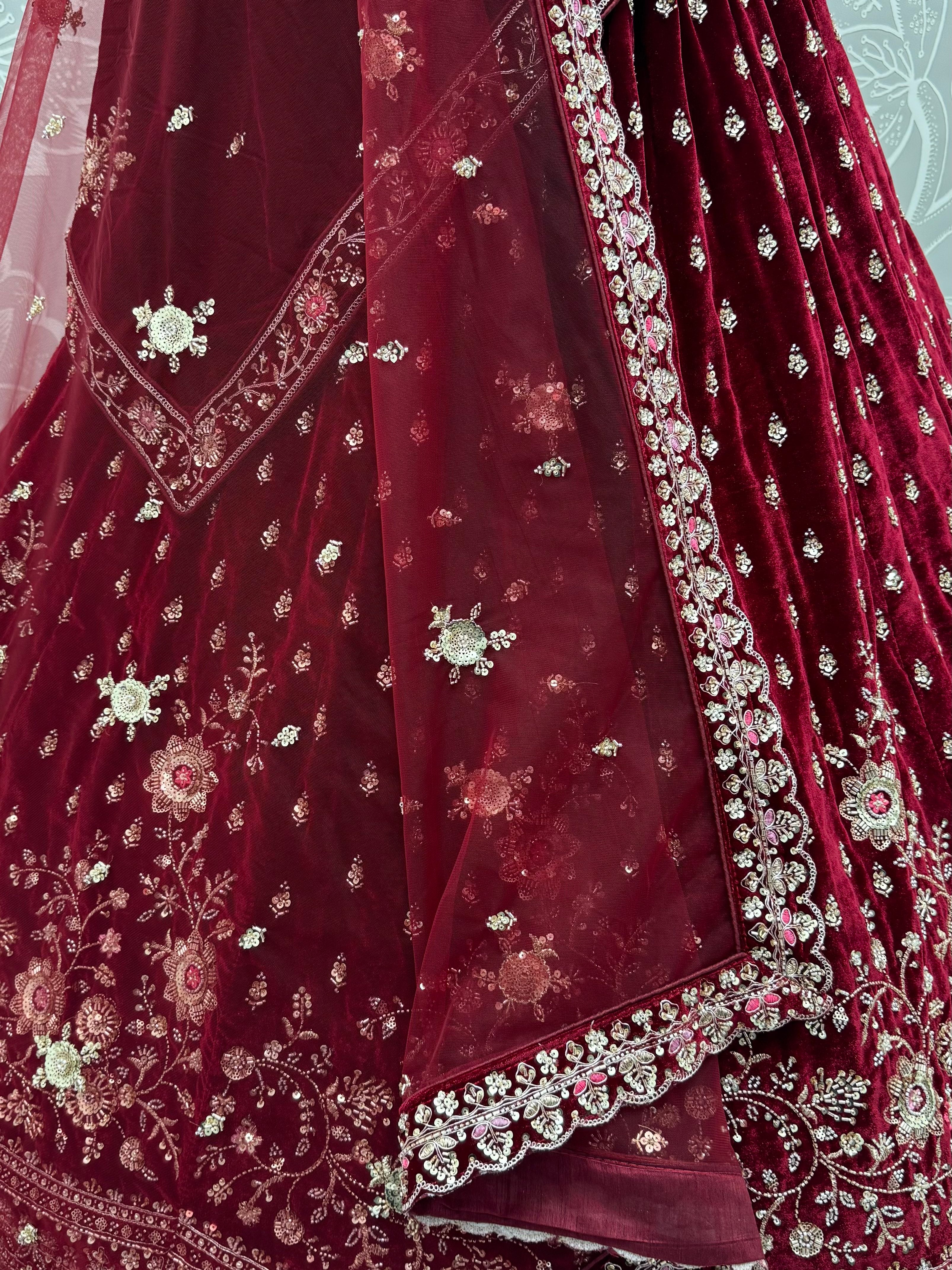 Luxurious Maroon Velvet Bridal Lehenga Choli With Double Dupatta