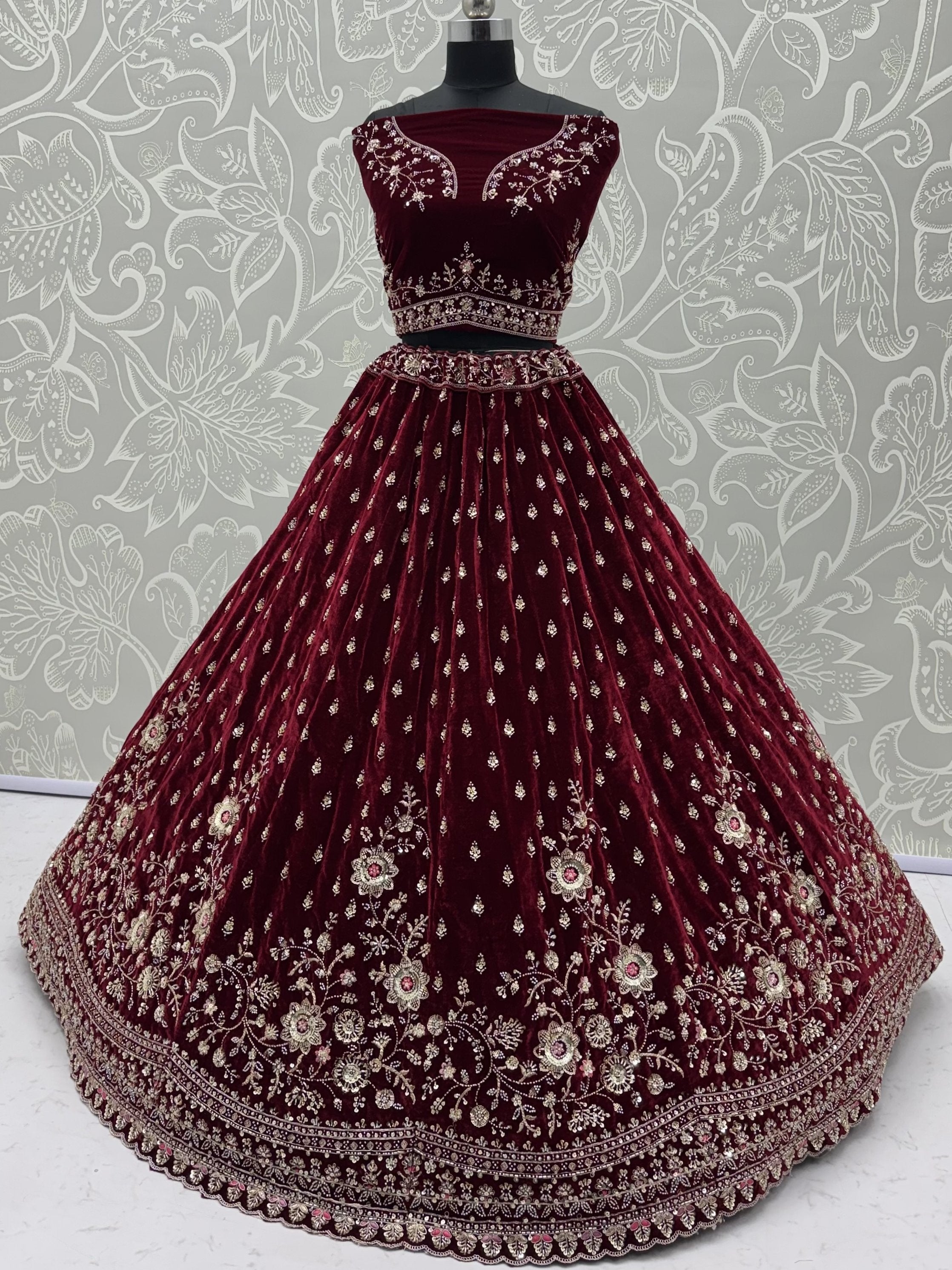 Luxurious Maroon Velvet Bridal Lehenga Choli With Double Dupatta