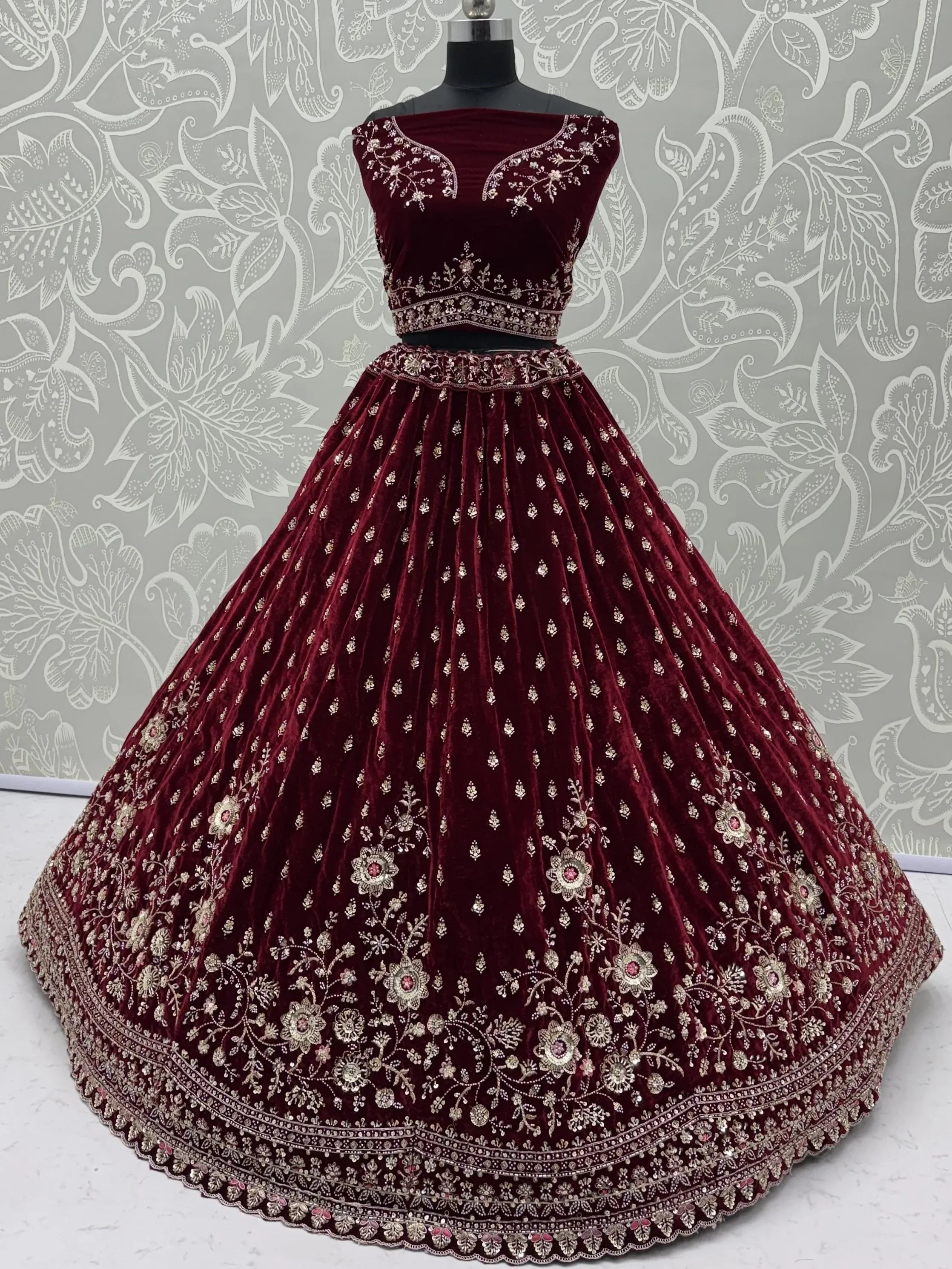 Luxurious Maroon Velvet Bridal Lehenga Choli With Double Dupatta
