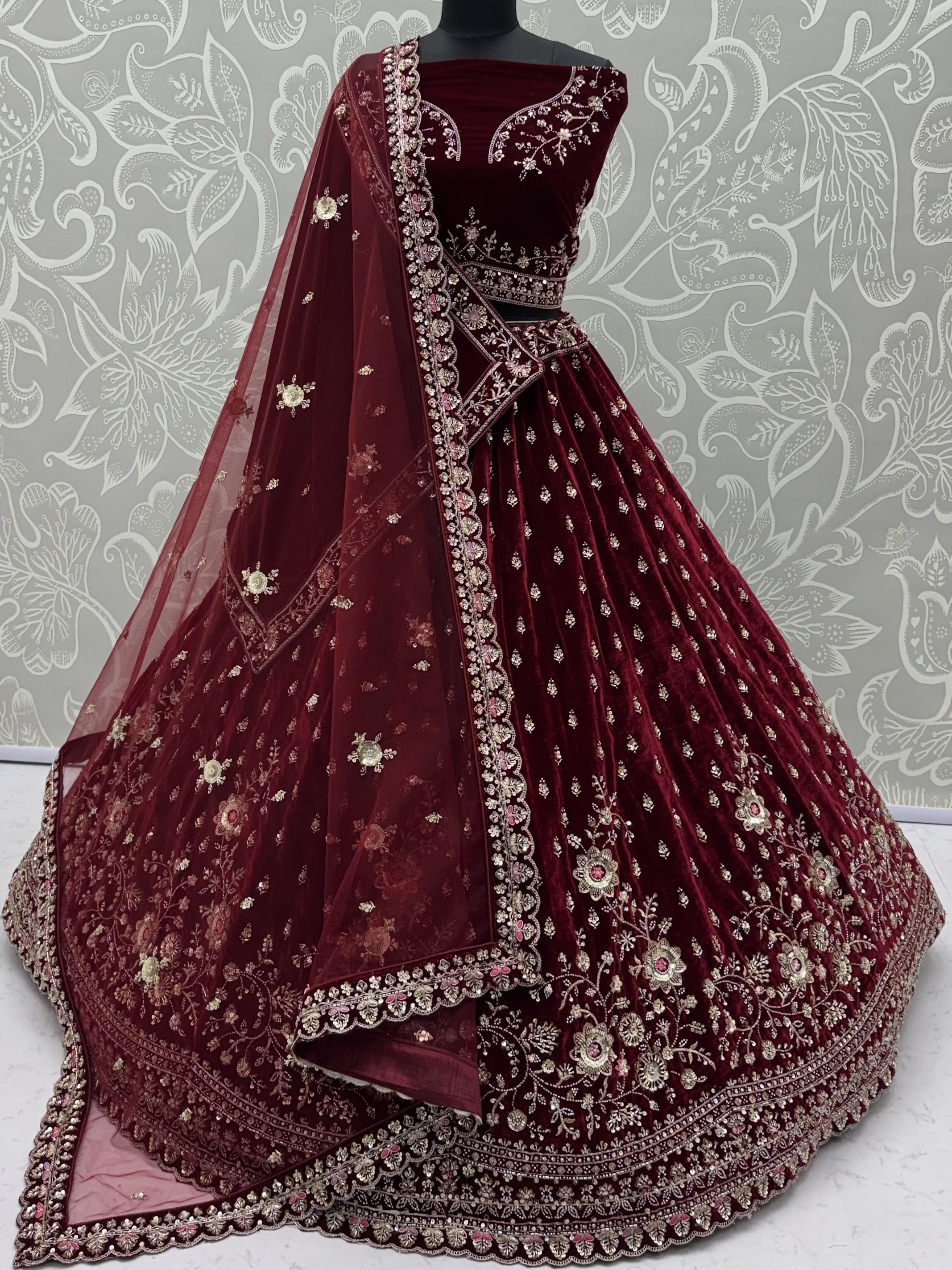 Luxurious Maroon Velvet Bridal Lehenga Choli With Double Dupatta
