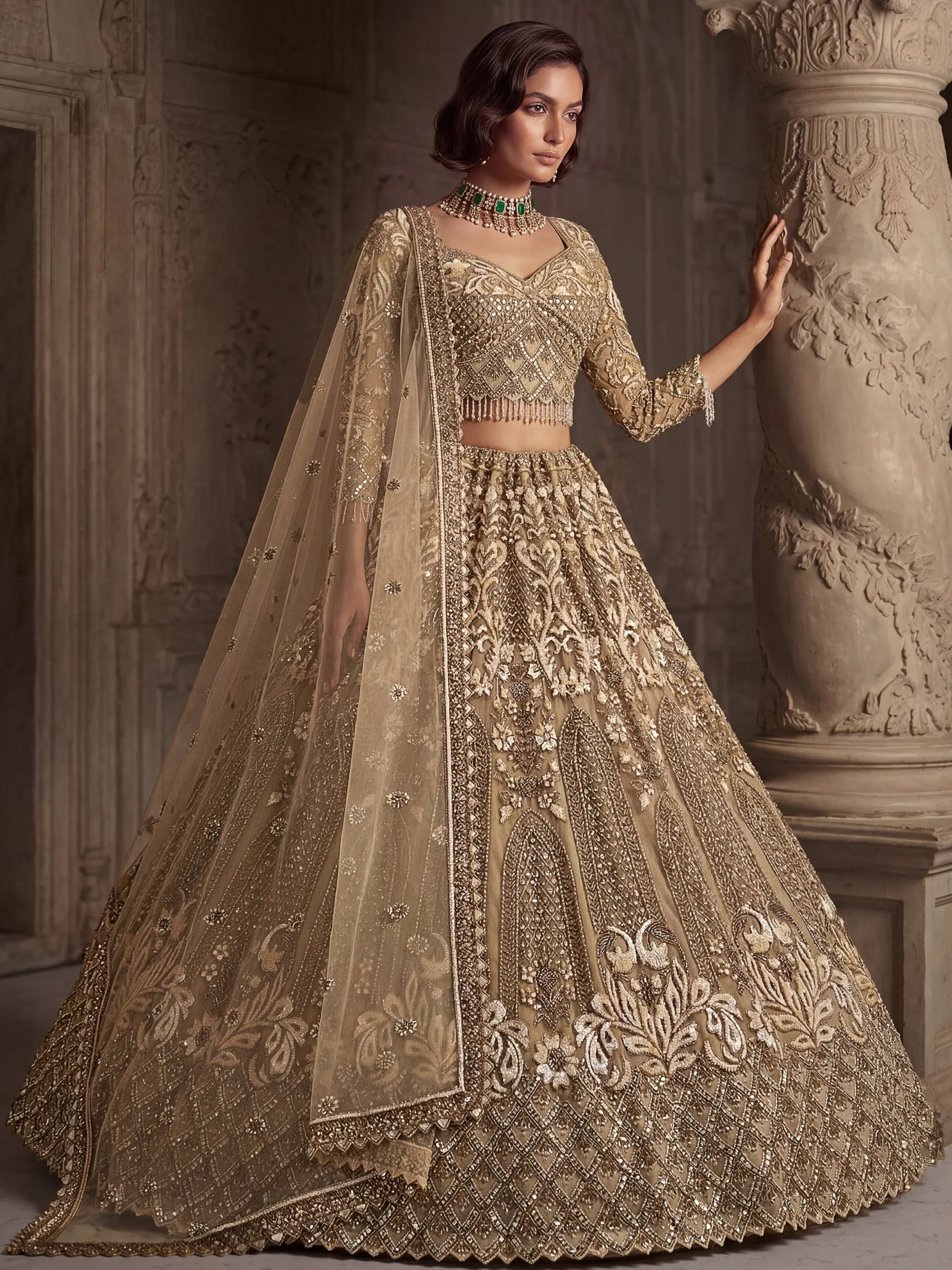 Luxurious Golden Hand Embroidery Net Bridal Lehenga Choli With Dupatta