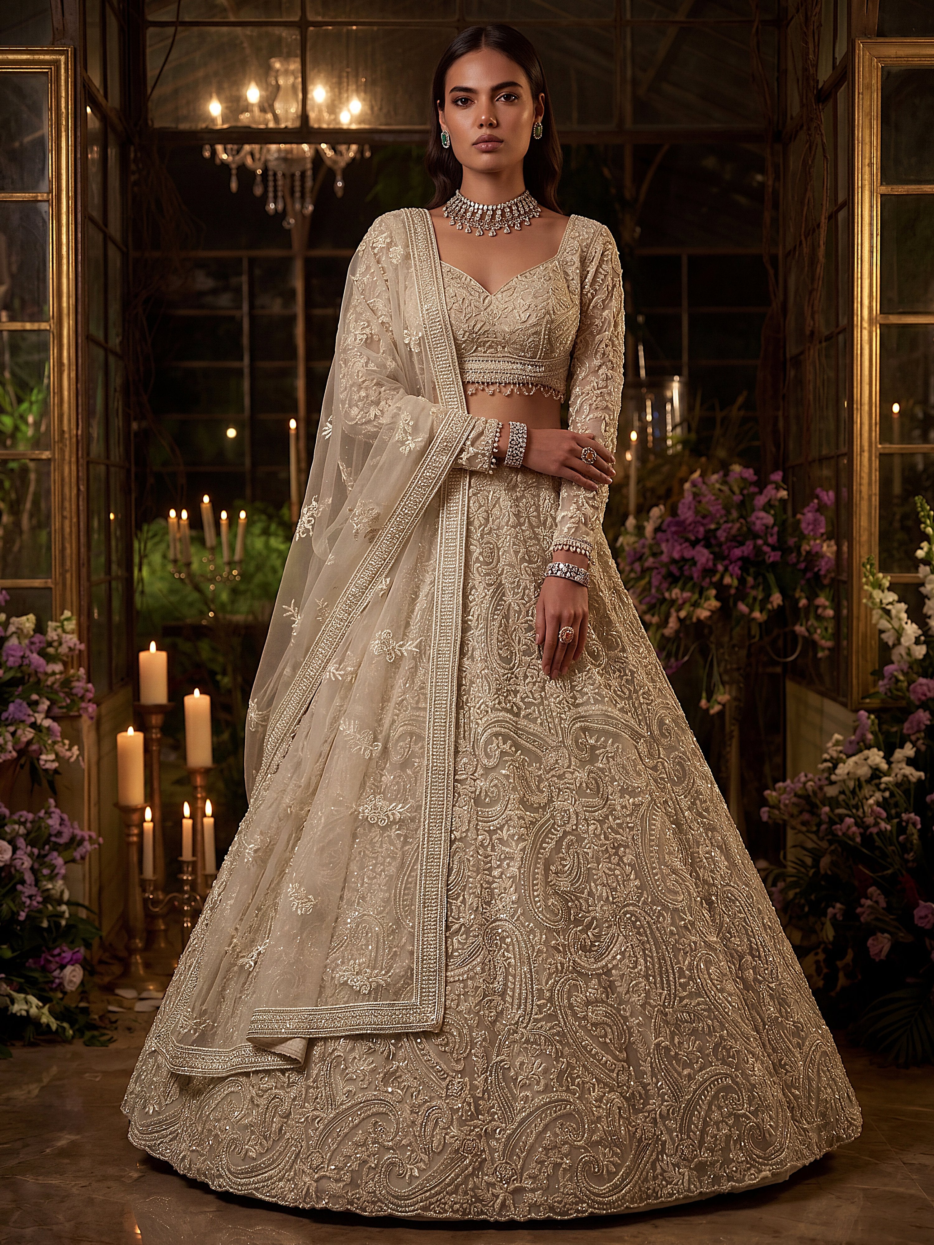 Monochrome White Hand Embroidered Net Wedding Wear Lehenga Choli