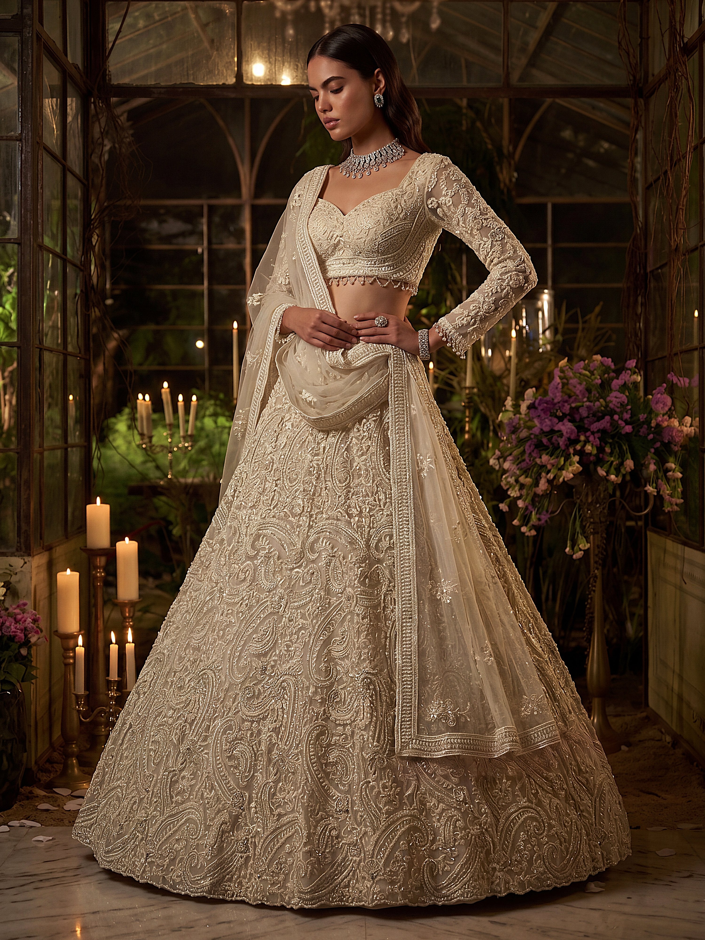Monochrome White Hand Embroidered Net Wedding Wear Lehenga Choli