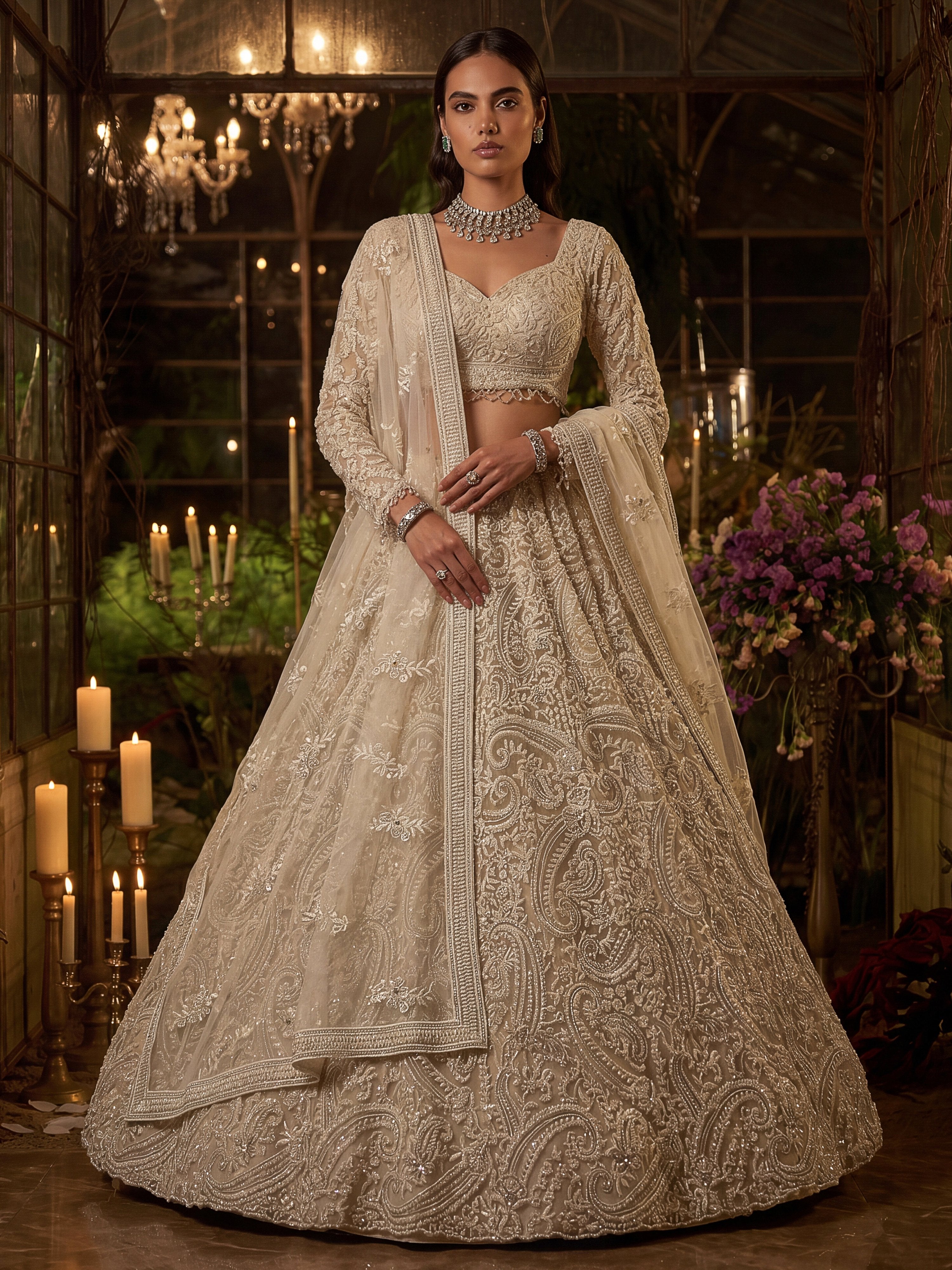 Monochrome White Hand Embroidered Net Wedding Wear Lehenga Choli