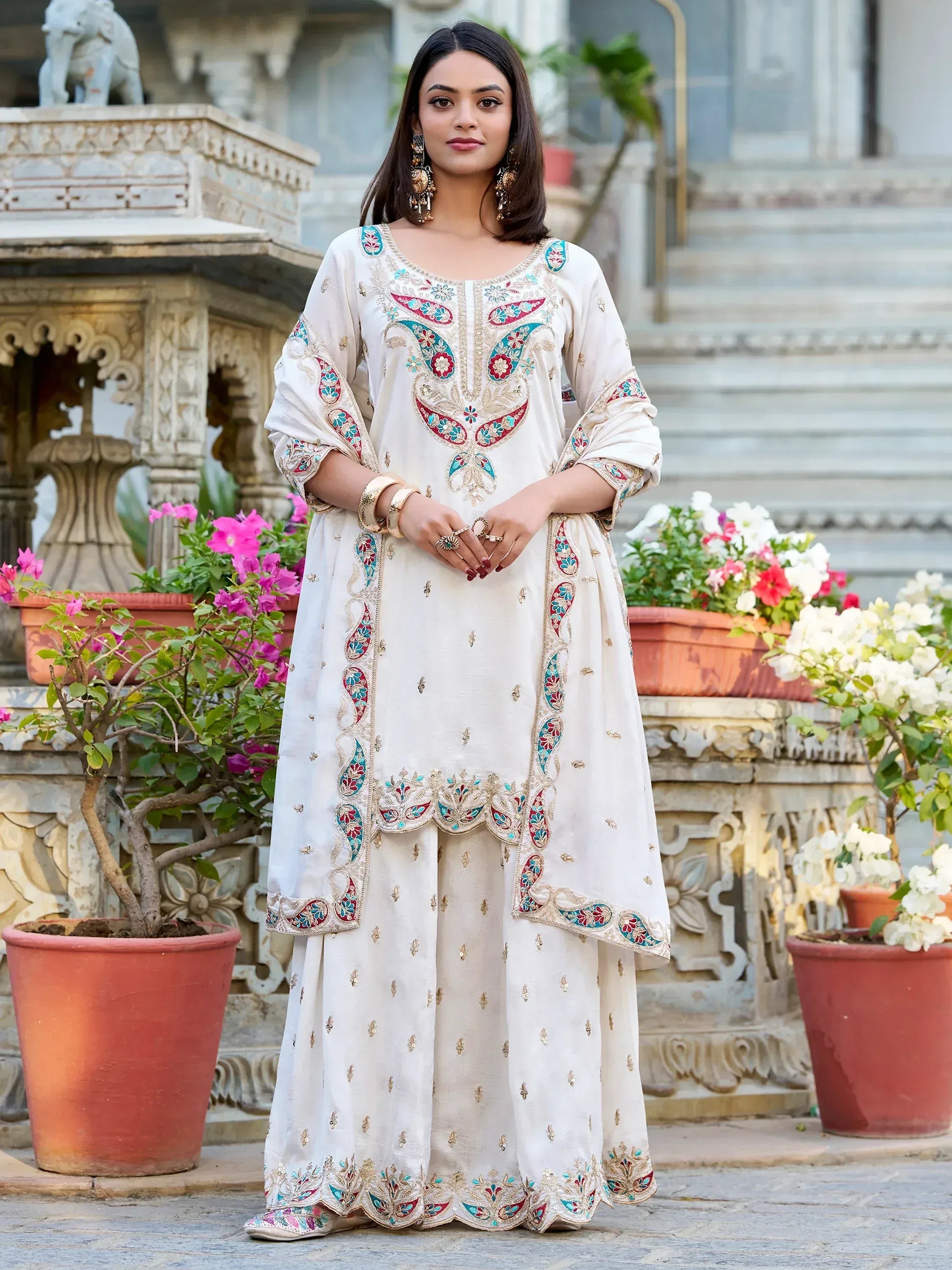 Elegant white embroidered salwar kameez with floral motifs, perfect for Indian ethnic wear occasions.