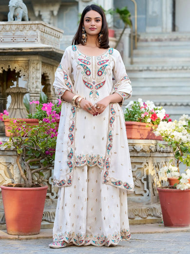 Alluring Off-White Thread Embroidered Vichitra Silk Palazzo Suit