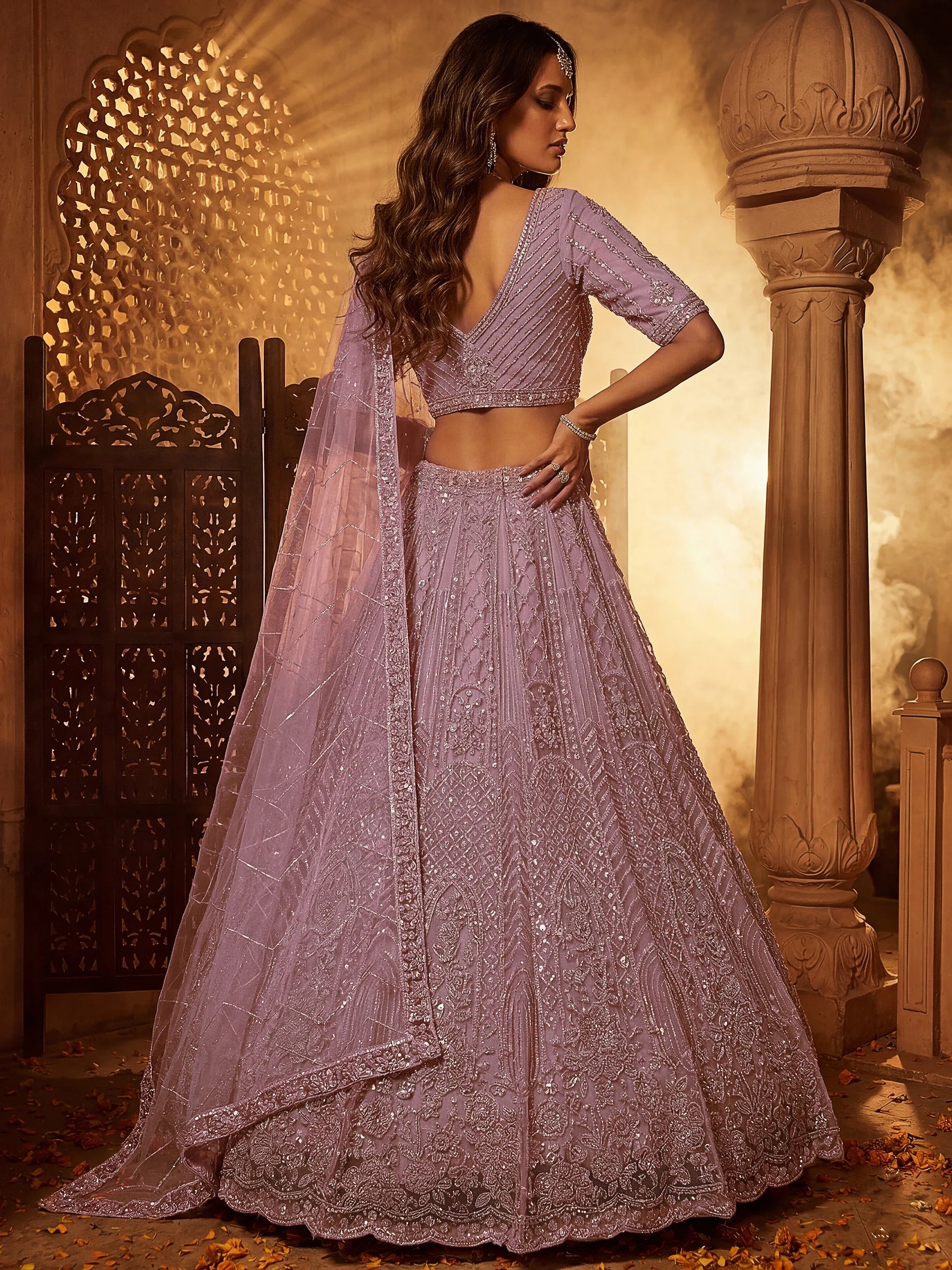 Sparkling Lavender Bead Work Net Bridesmaids Lehenga Choli