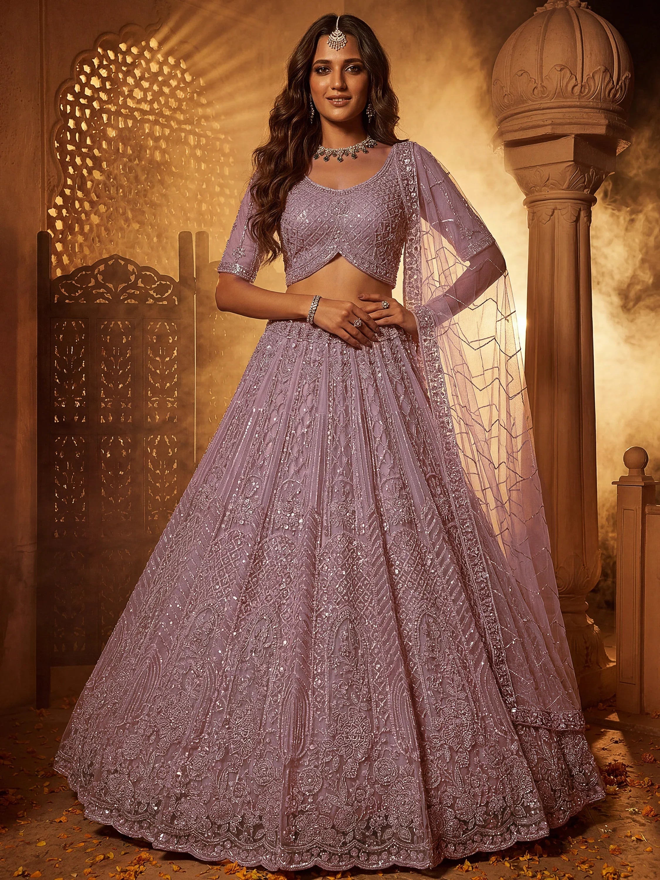 Sparkling Lavender Bead Work Net Bridesmaids Lehenga Choli