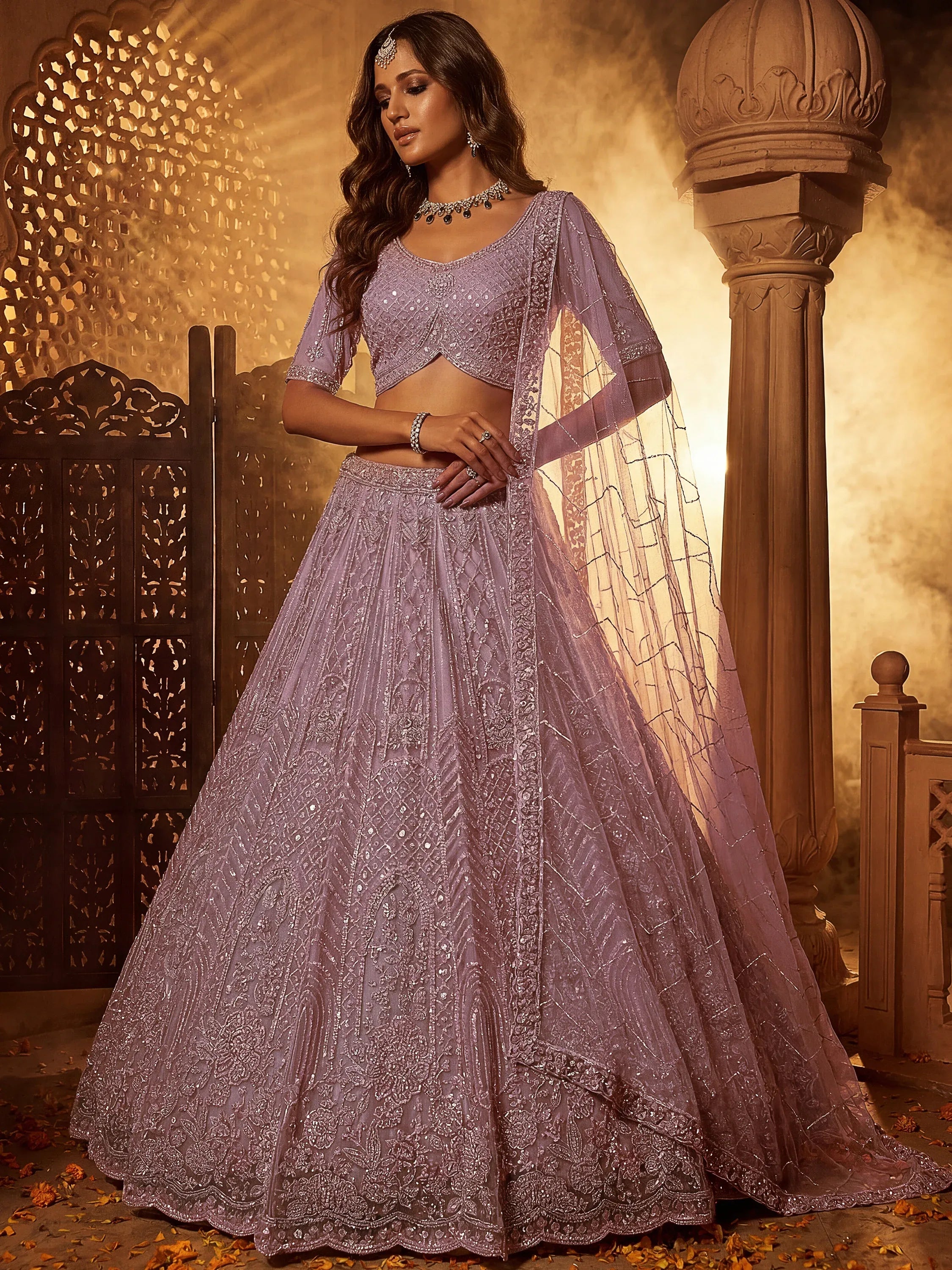 Sparkling Lavender Bead Work Net Bridesmaids Lehenga Choli
