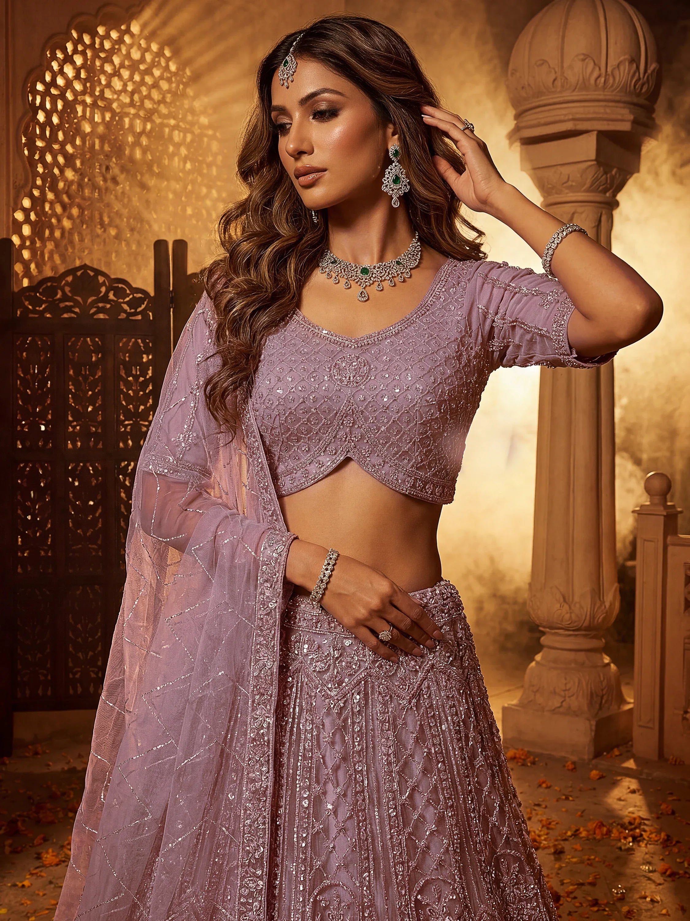 Sparkling Lavender Bead Work Net Bridesmaids Lehenga Choli