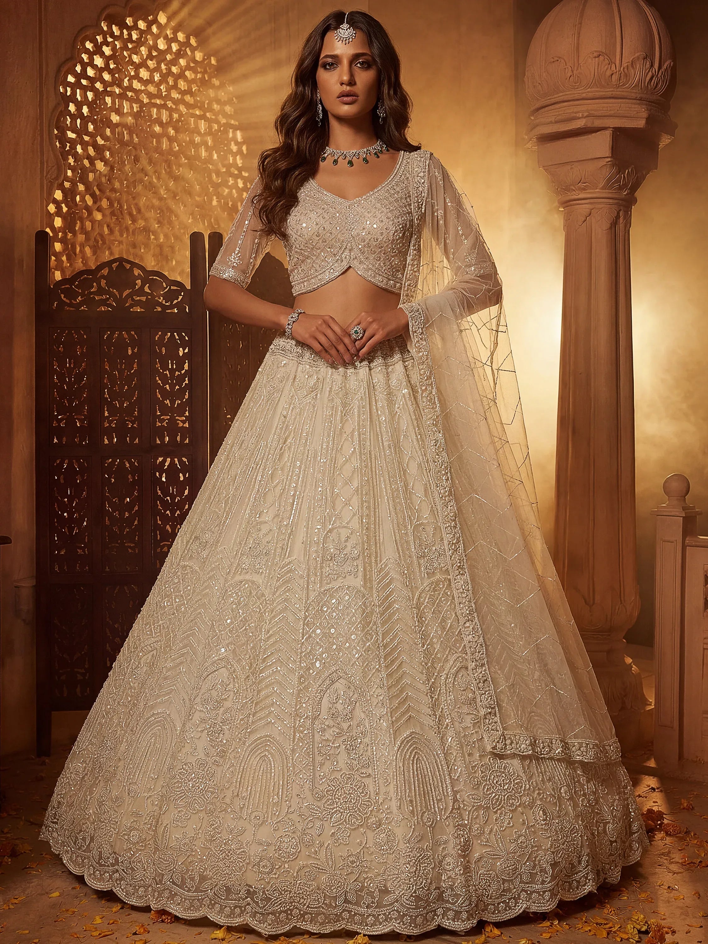 Notable Off-White Sequins Net Traditional Lehenga With Blouse