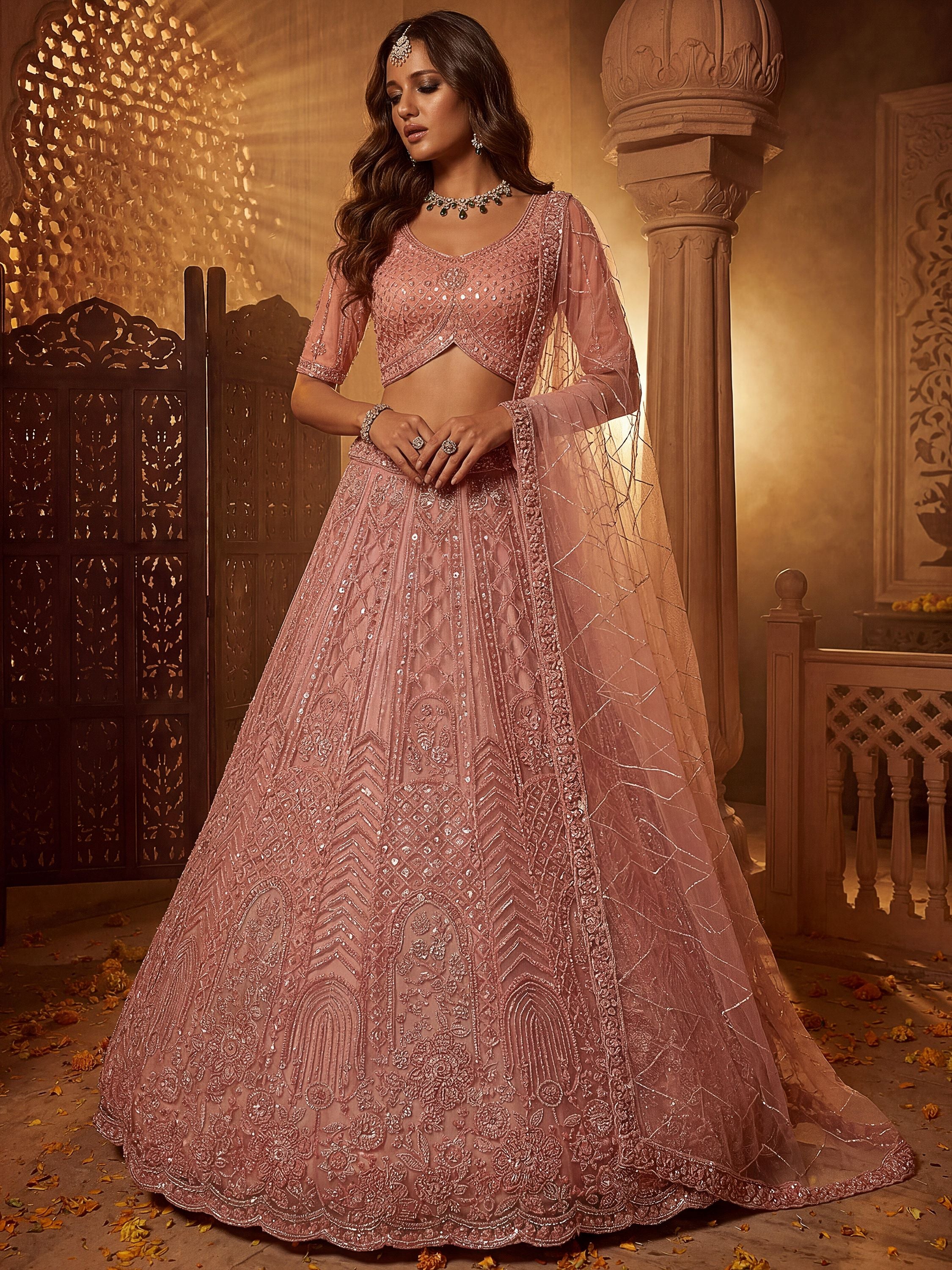 Monochrome Pink Embroidered Net Reception Wear Lehenga Choli