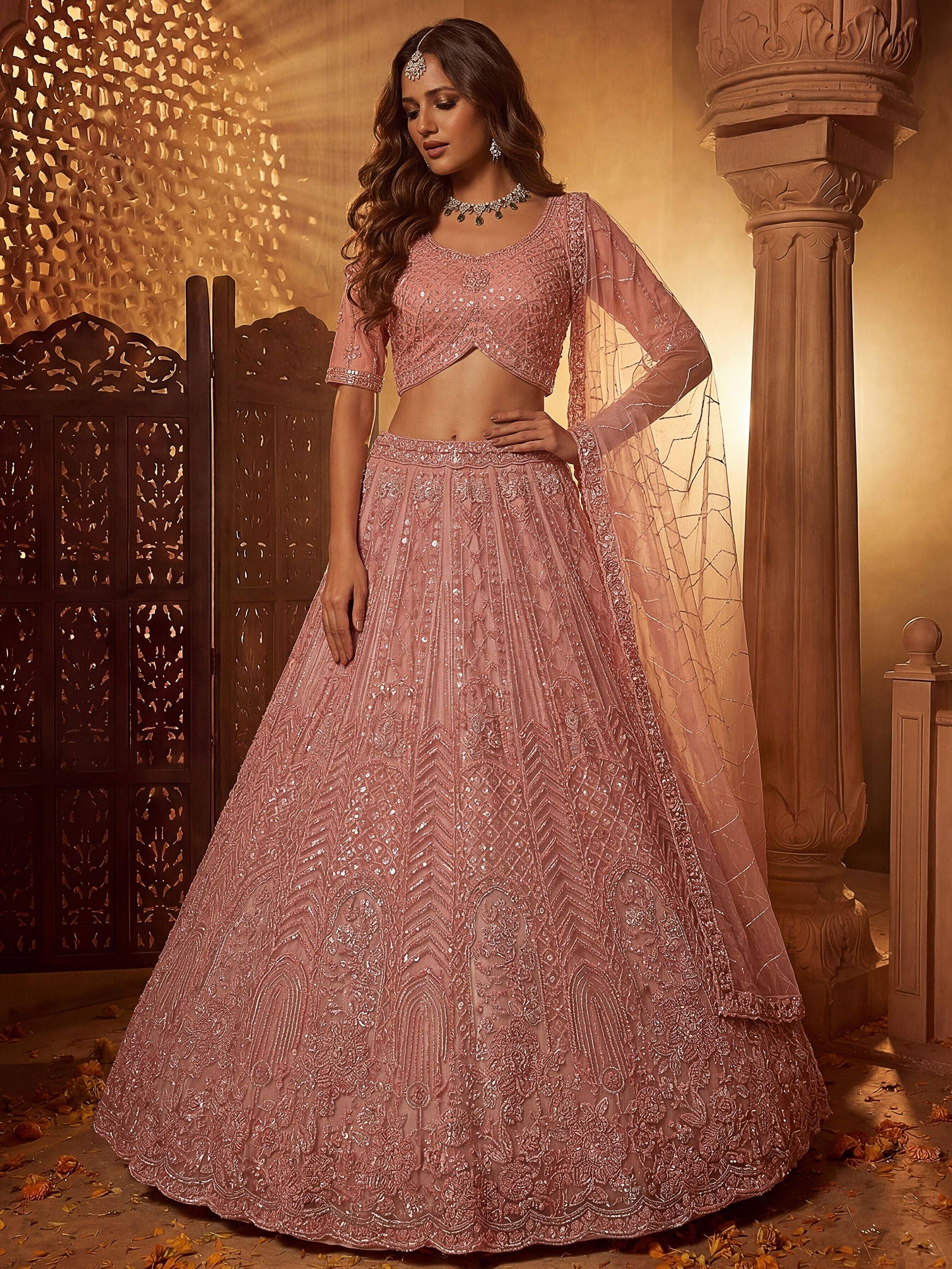 Monochrome Pink Embroidered Net Reception Wear Lehenga Choli