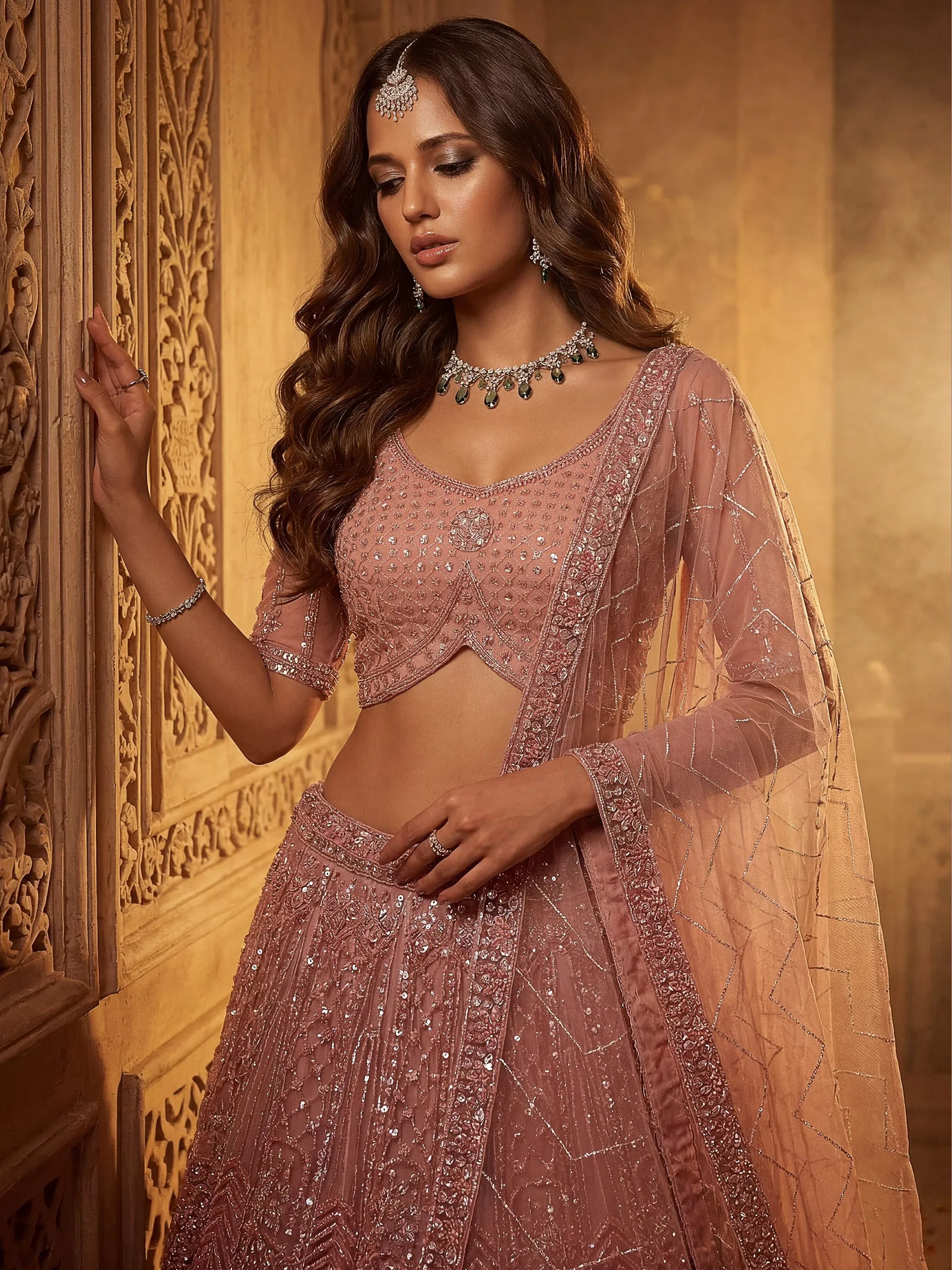 Monochrome Pink Embroidered Net Reception Wear Lehenga Choli