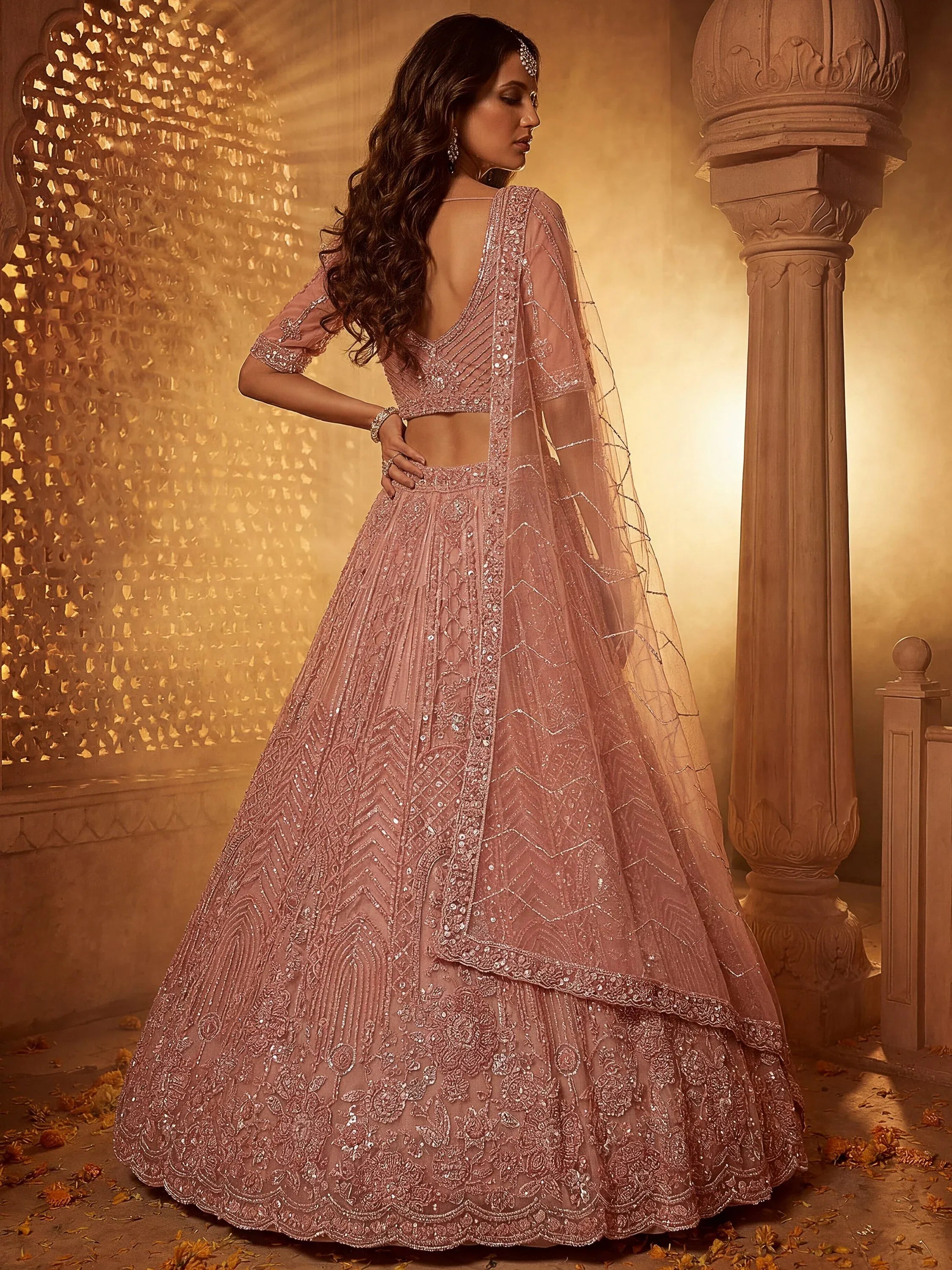 Monochrome Pink Embroidered Net Reception Wear Lehenga Choli