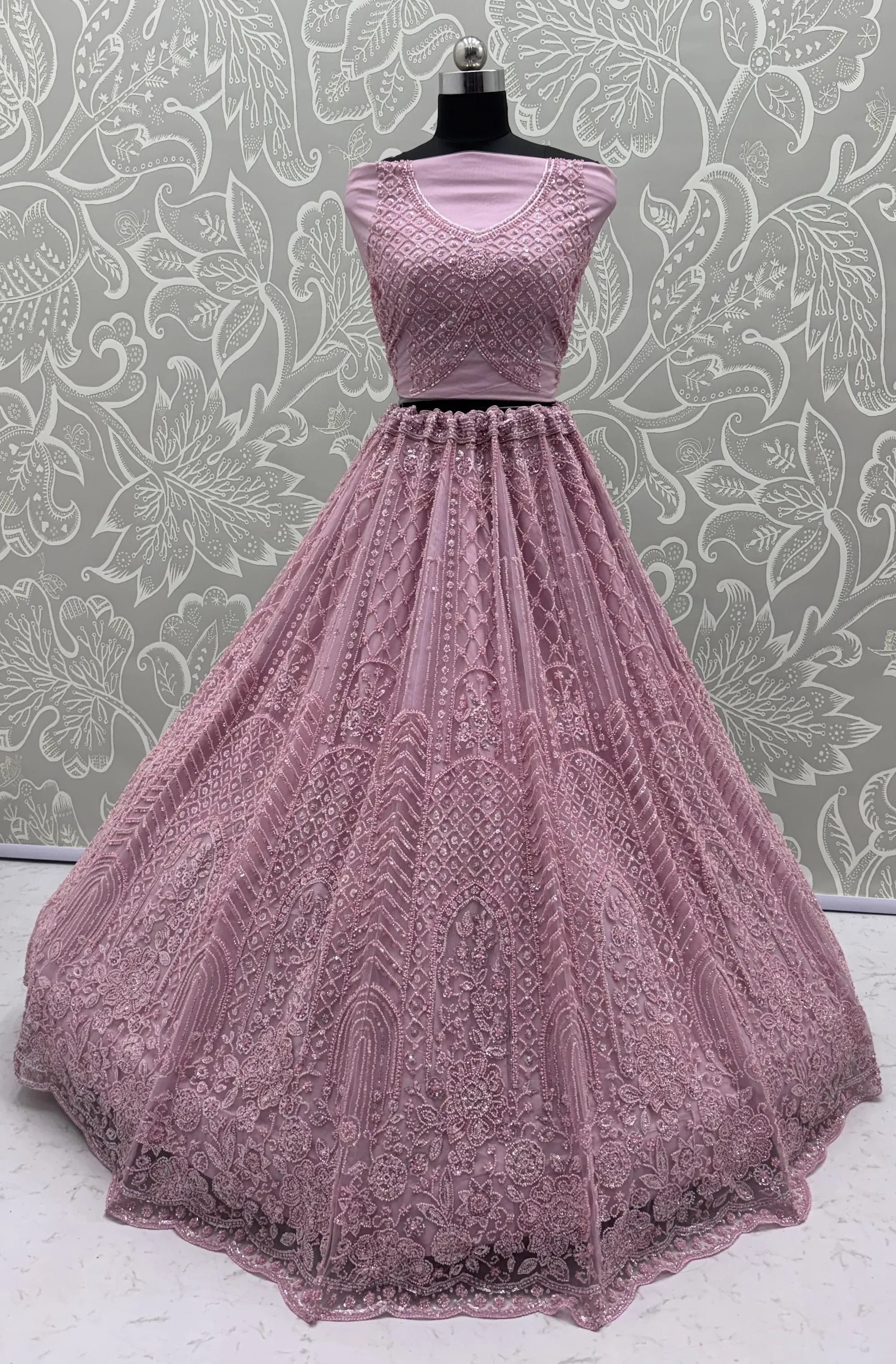 Sparkling Lavender Bead Work Net Bridesmaids Lehenga Choli