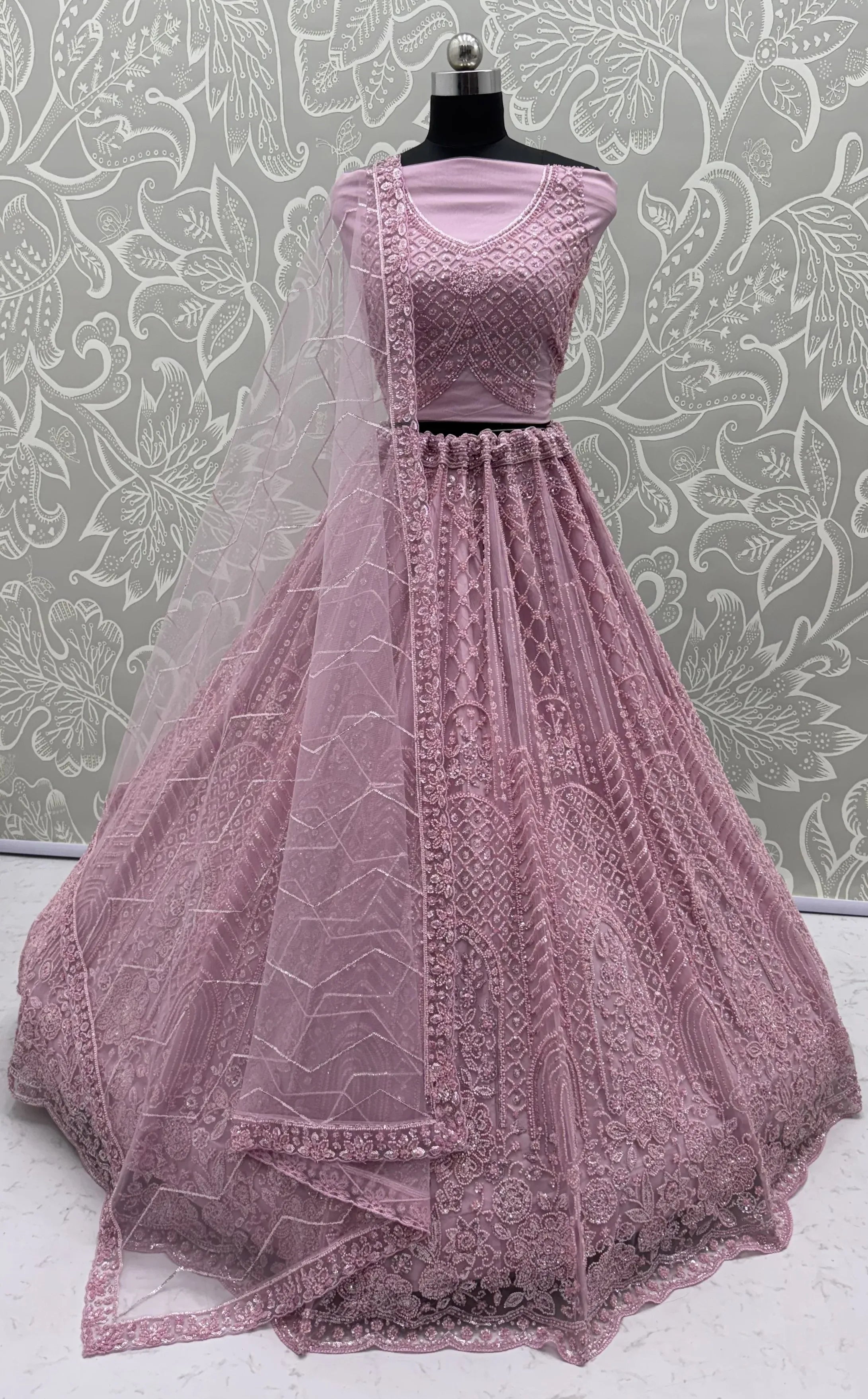 Sparkling Lavender Bead Work Net Bridesmaids Lehenga Choli