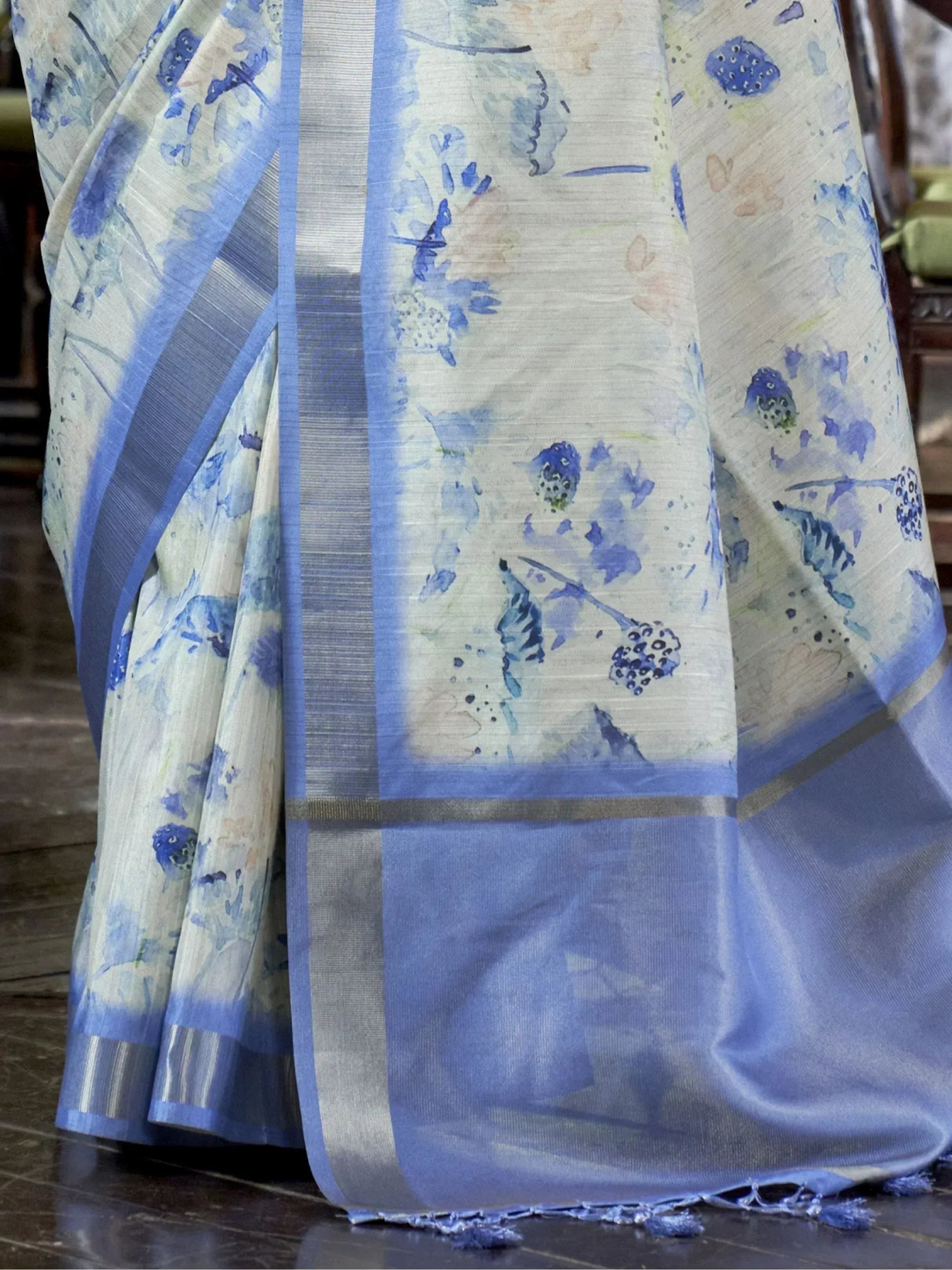Blue floral printed saree with watercolor design and border, Indian ethnic wear