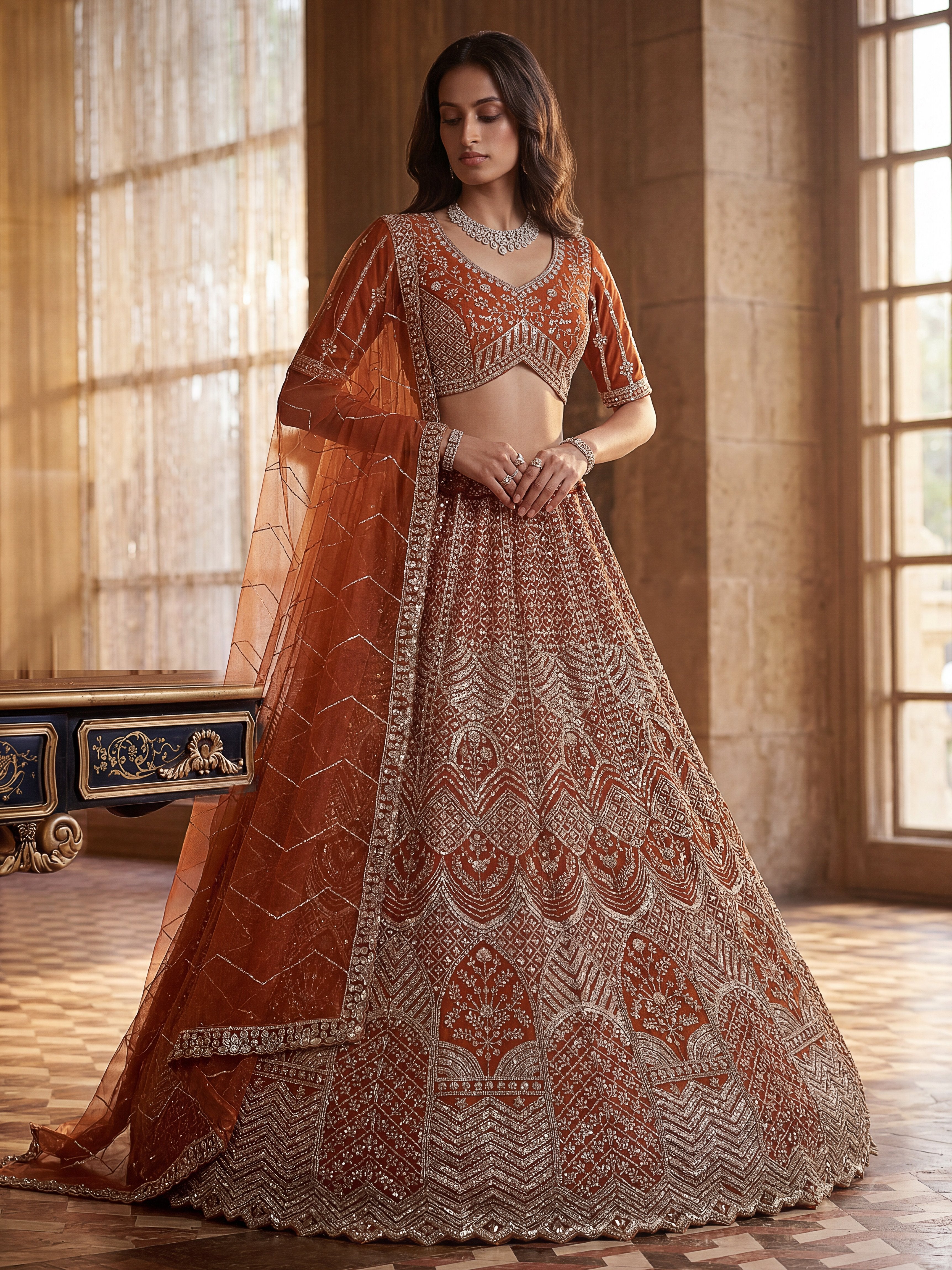 Wonderful Rust Orange Sequins Net Wedding Wear Lehenga Choli