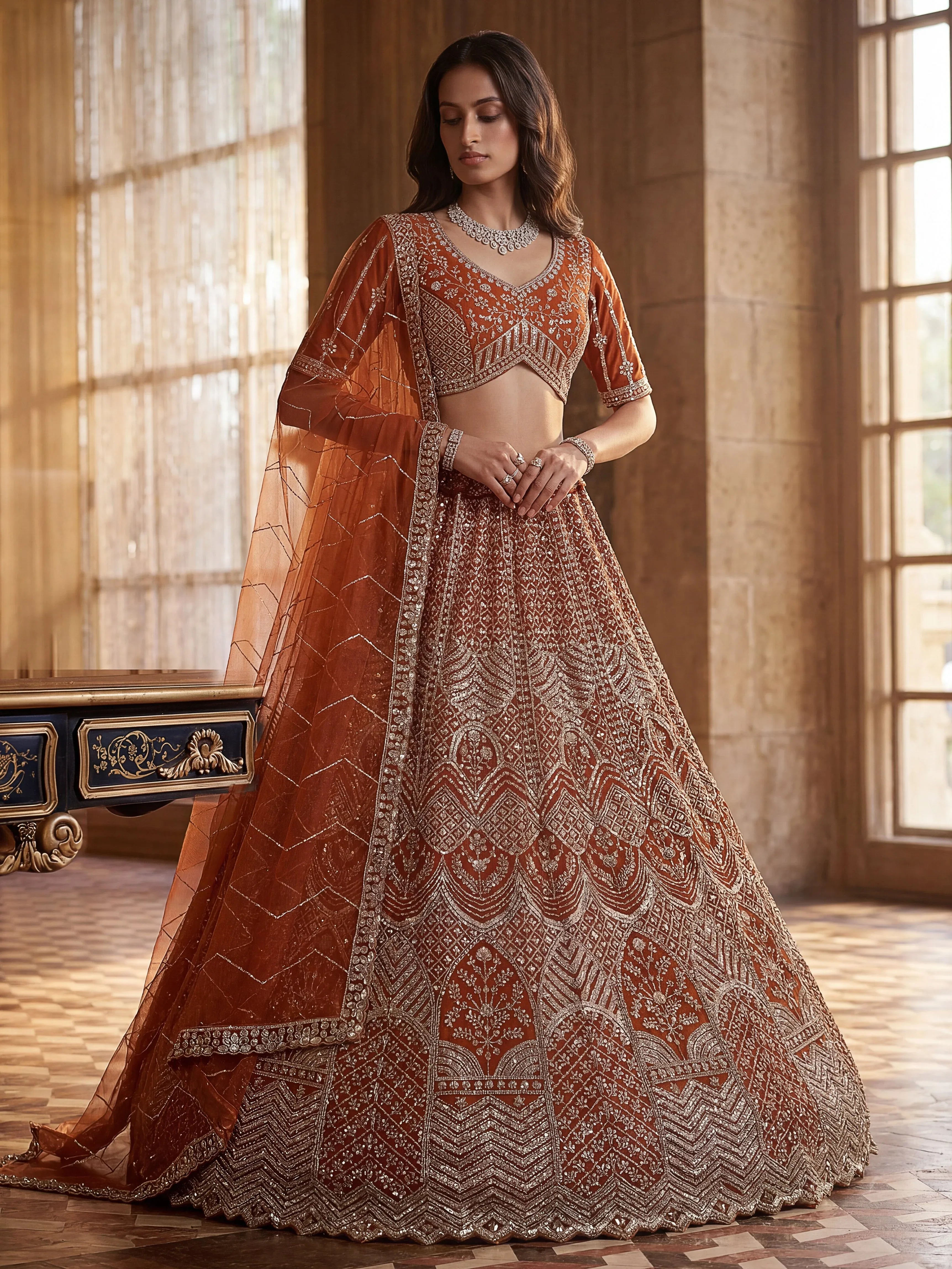 Wonderful Rust Orange Sequins Net Wedding Wear Lehenga Choli