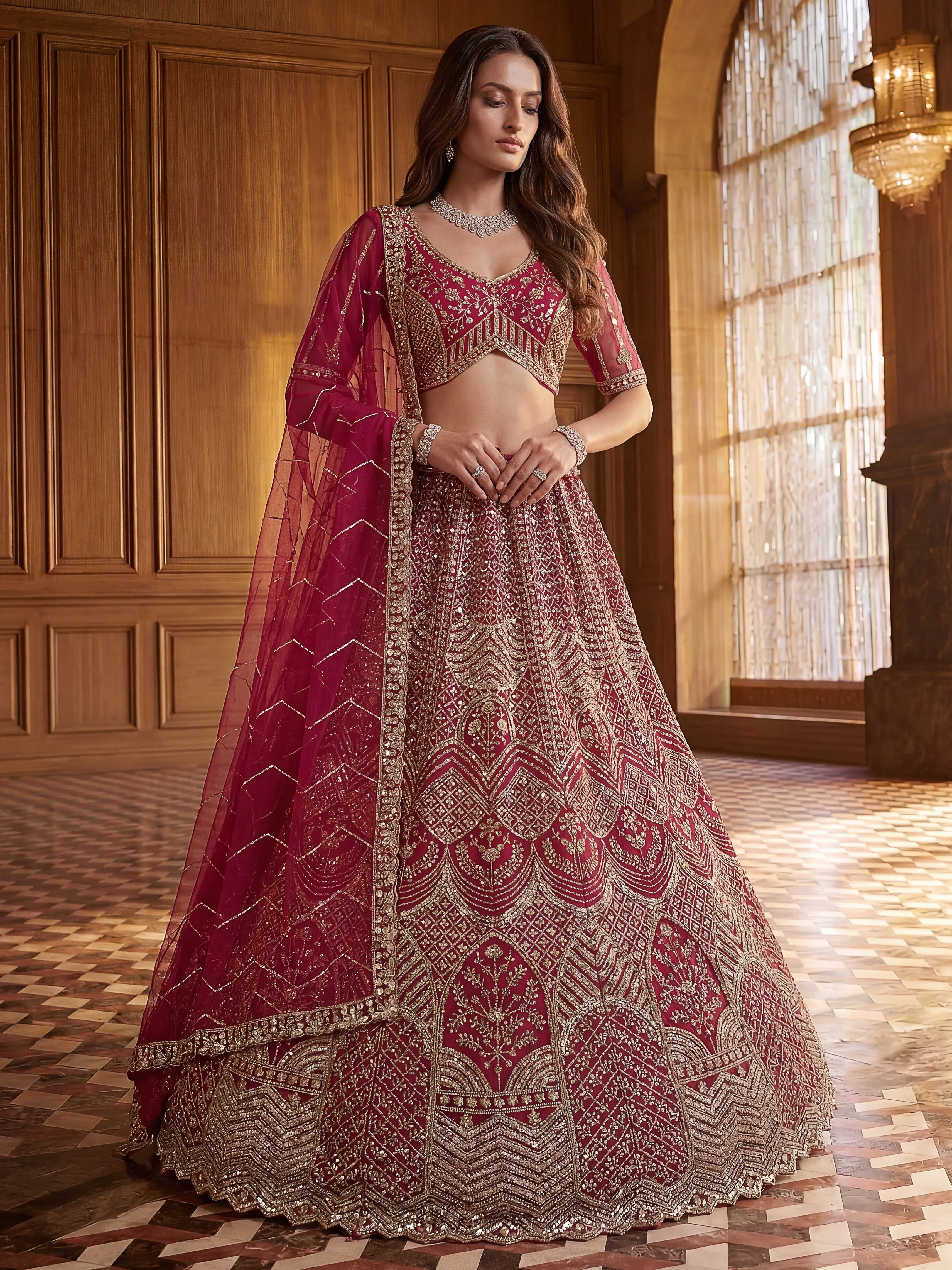 Impressive Pink Embroidered Net Bridal Lehenga Choli With Dupatta