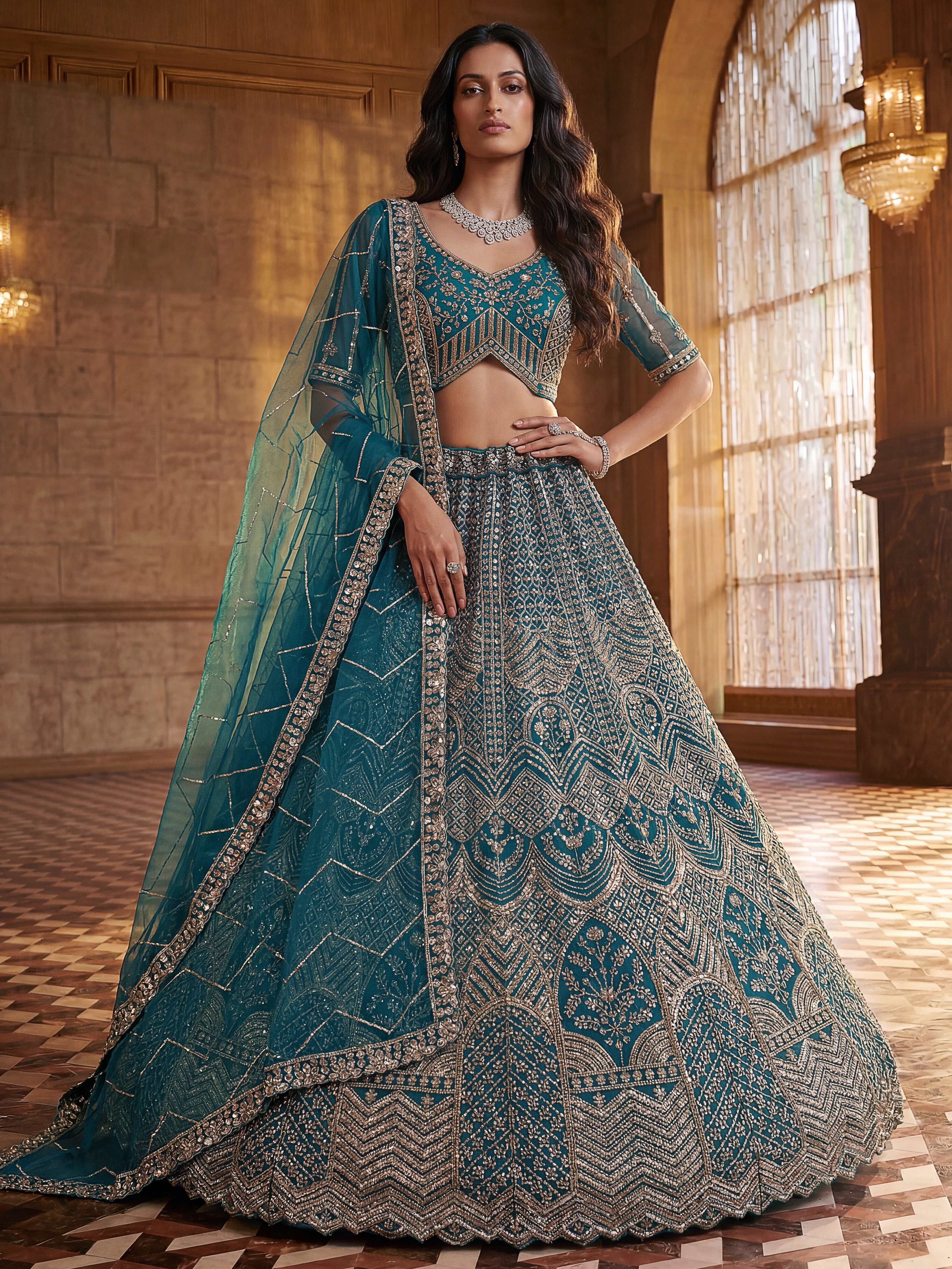 Royal Teal Blue Net Reception Wear Lehenga Choli With Dupatta