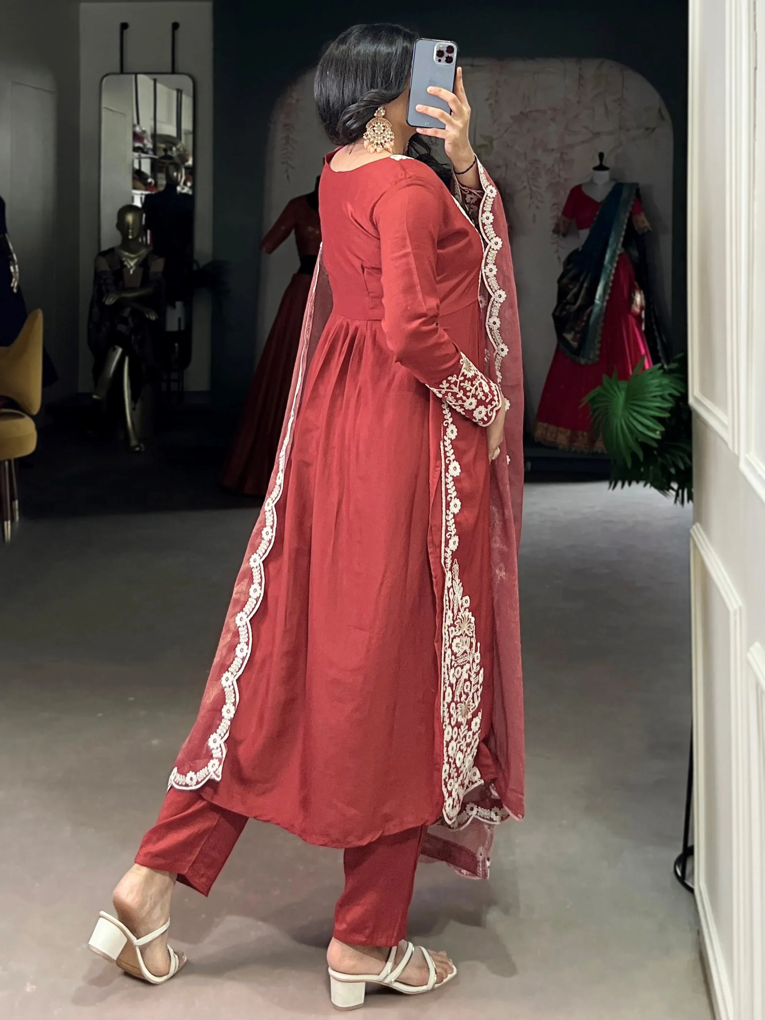 Stylish Orange Thread Embroidered Cotton Festive Wear Salwar Kameez