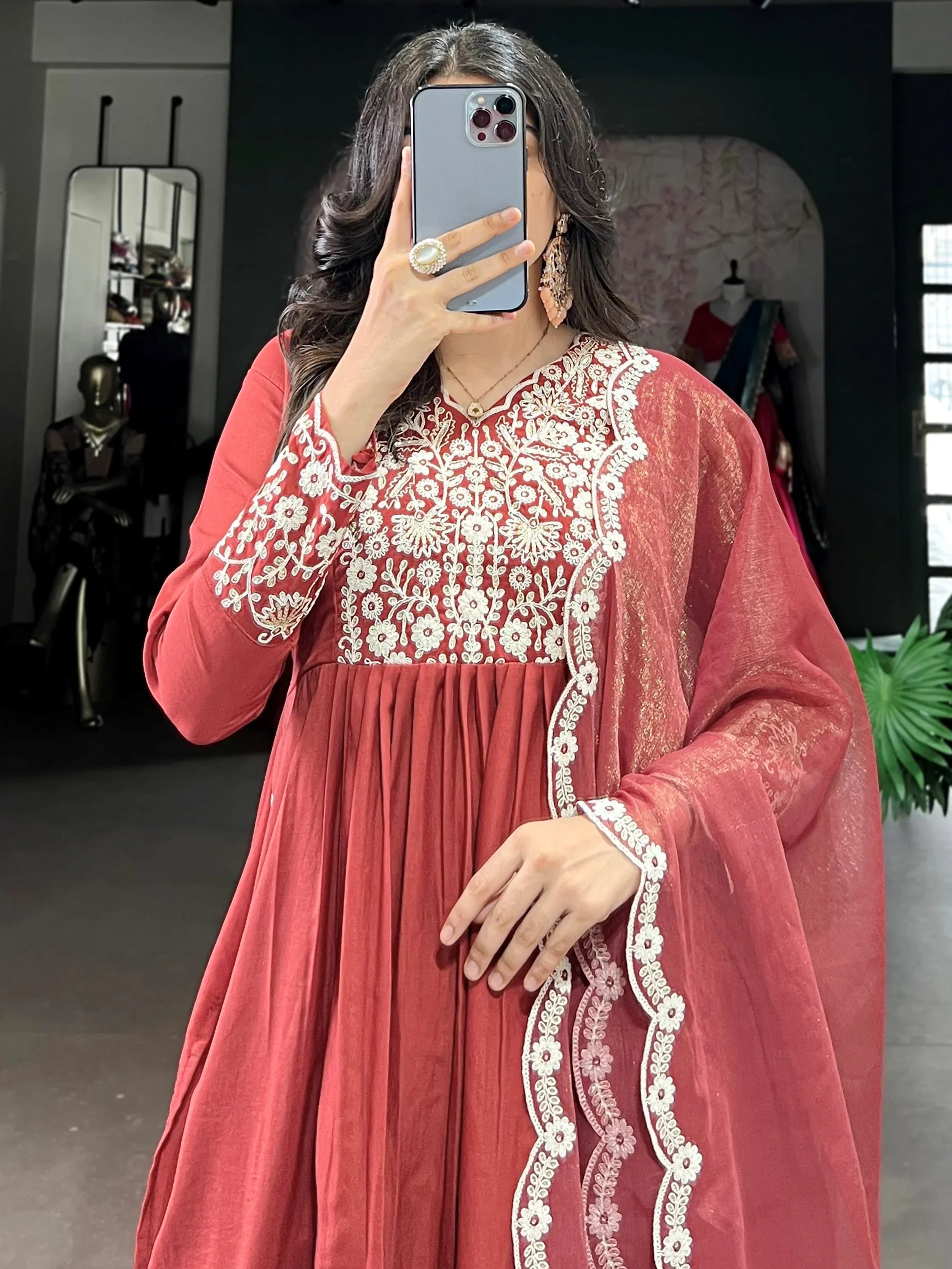 Stylish Orange Thread Embroidered Cotton Festive Wear Salwar Kameez
