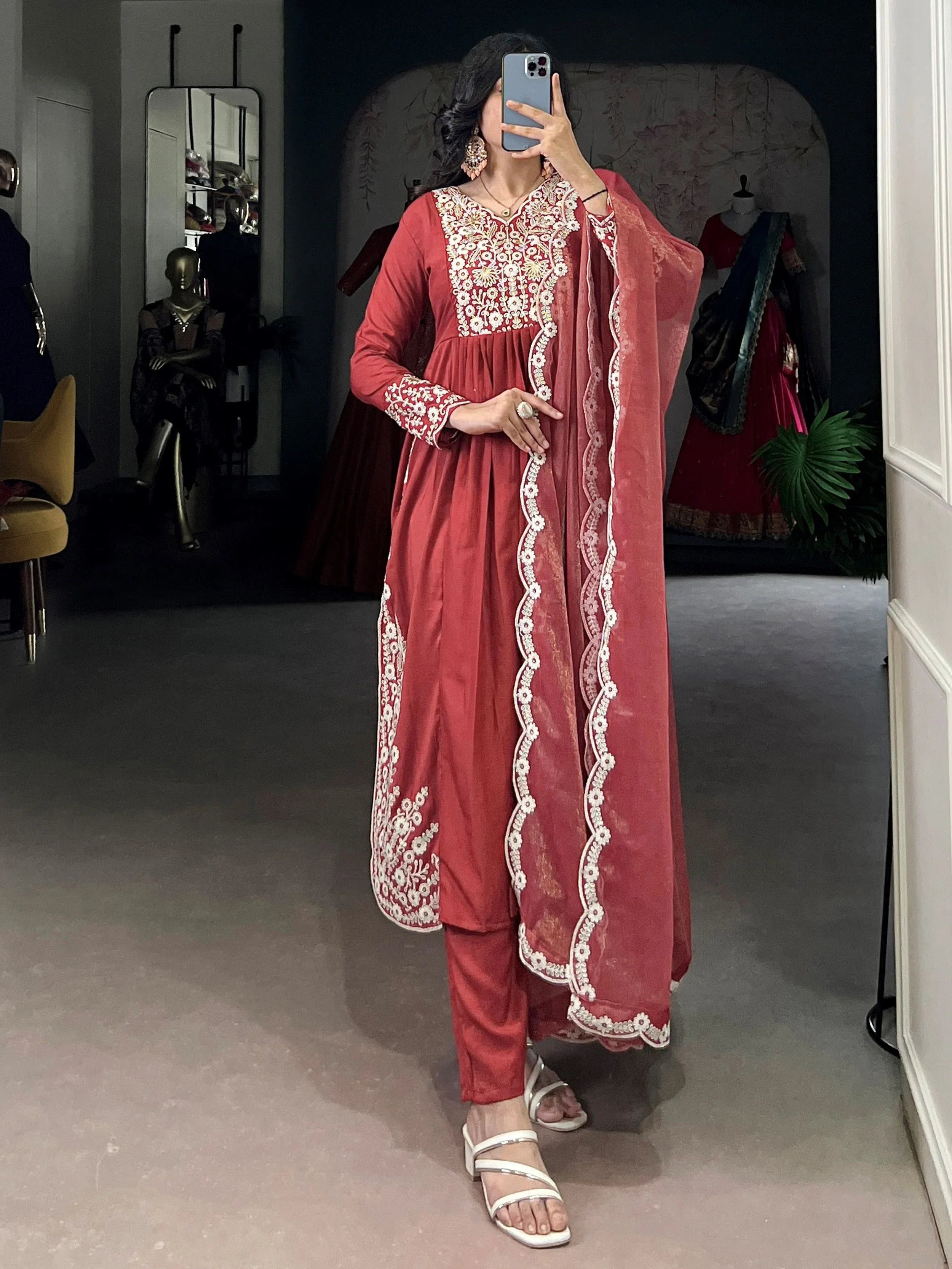 Stylish Orange Thread Embroidered Cotton Festive Wear Salwar Kameez