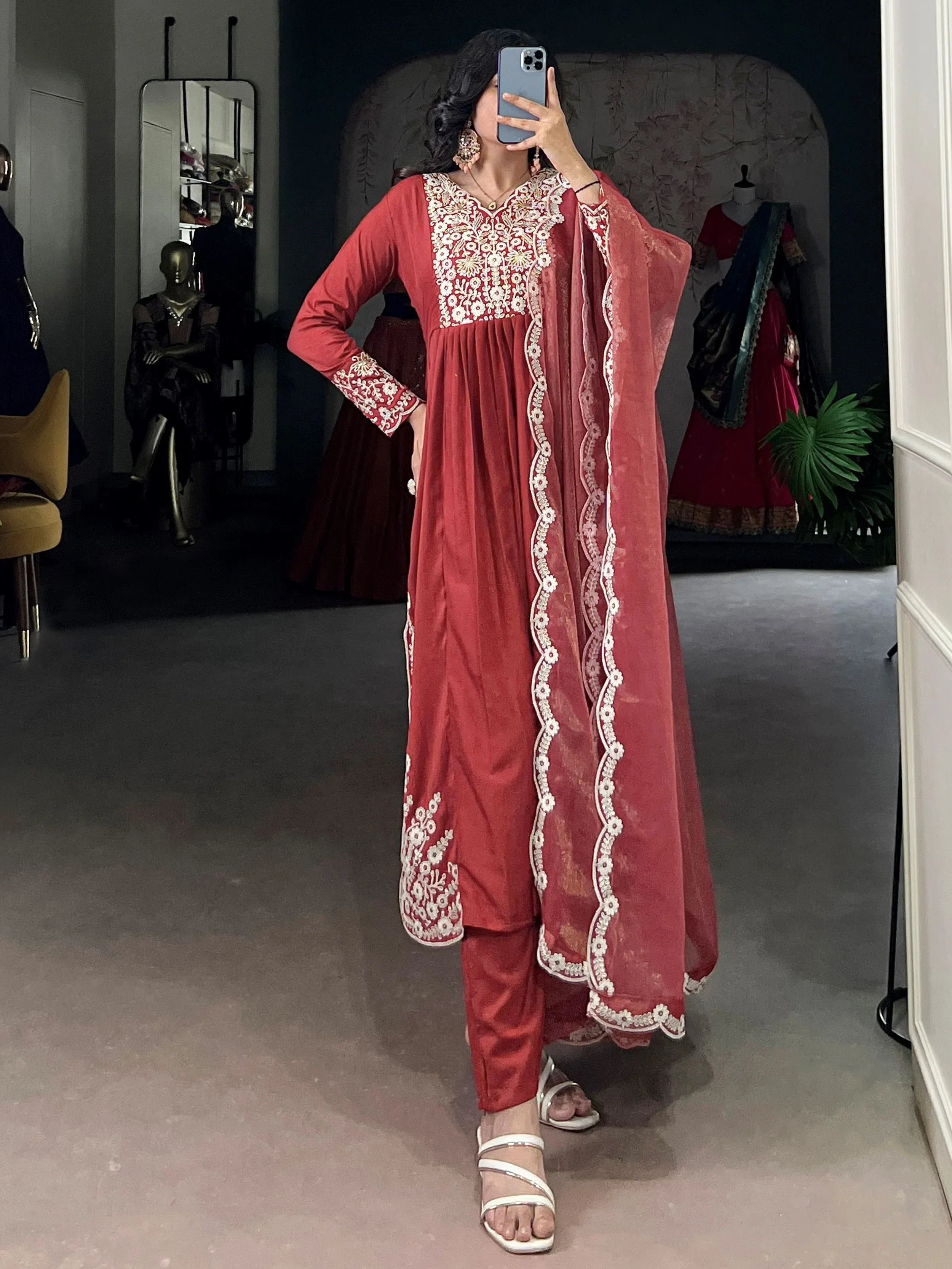 Stylish Orange Thread Embroidered Cotton Festive Wear Salwar Kameez