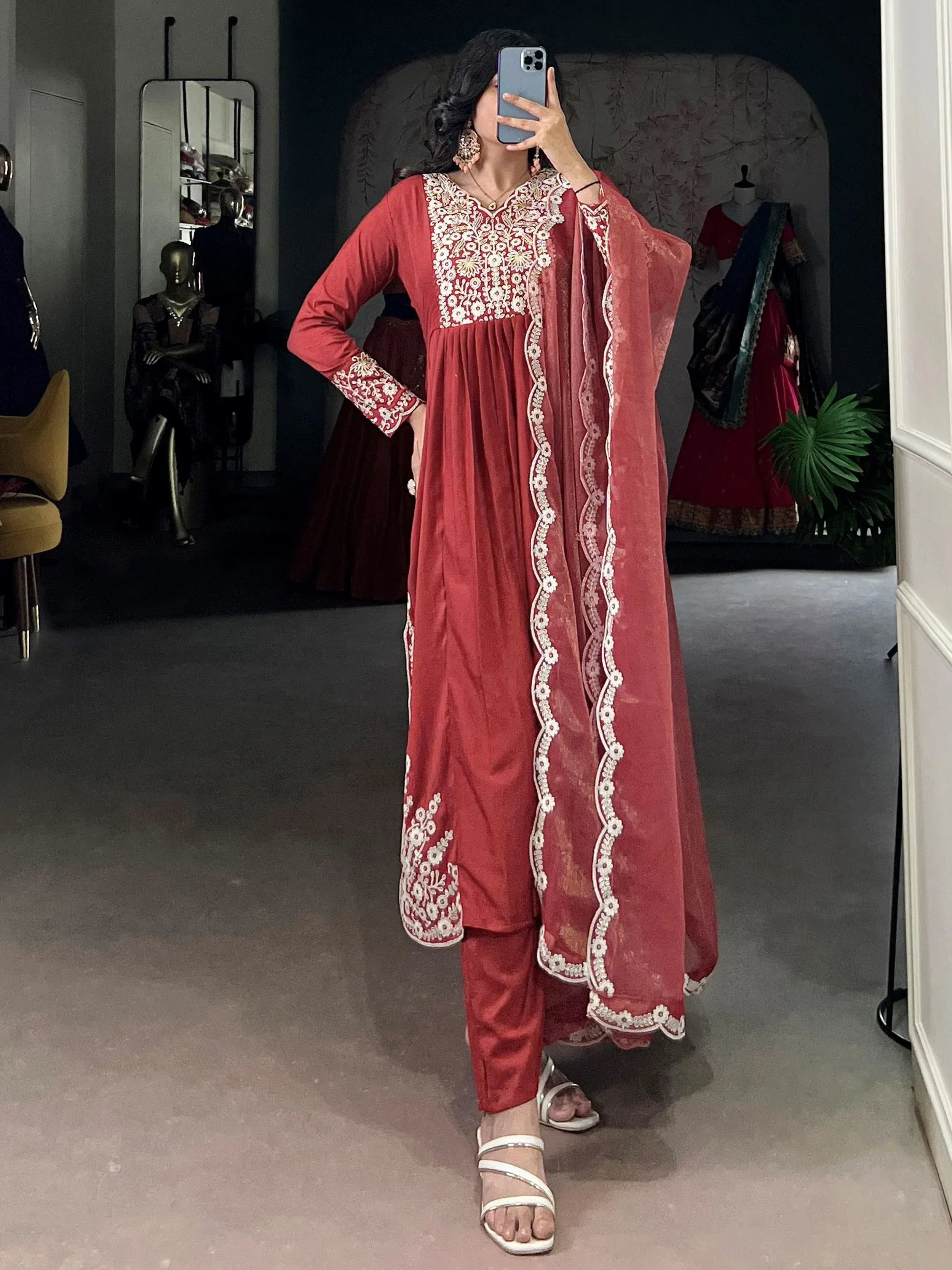 Stylish Orange Thread Embroidered Cotton Festive Wear Salwar Kameez