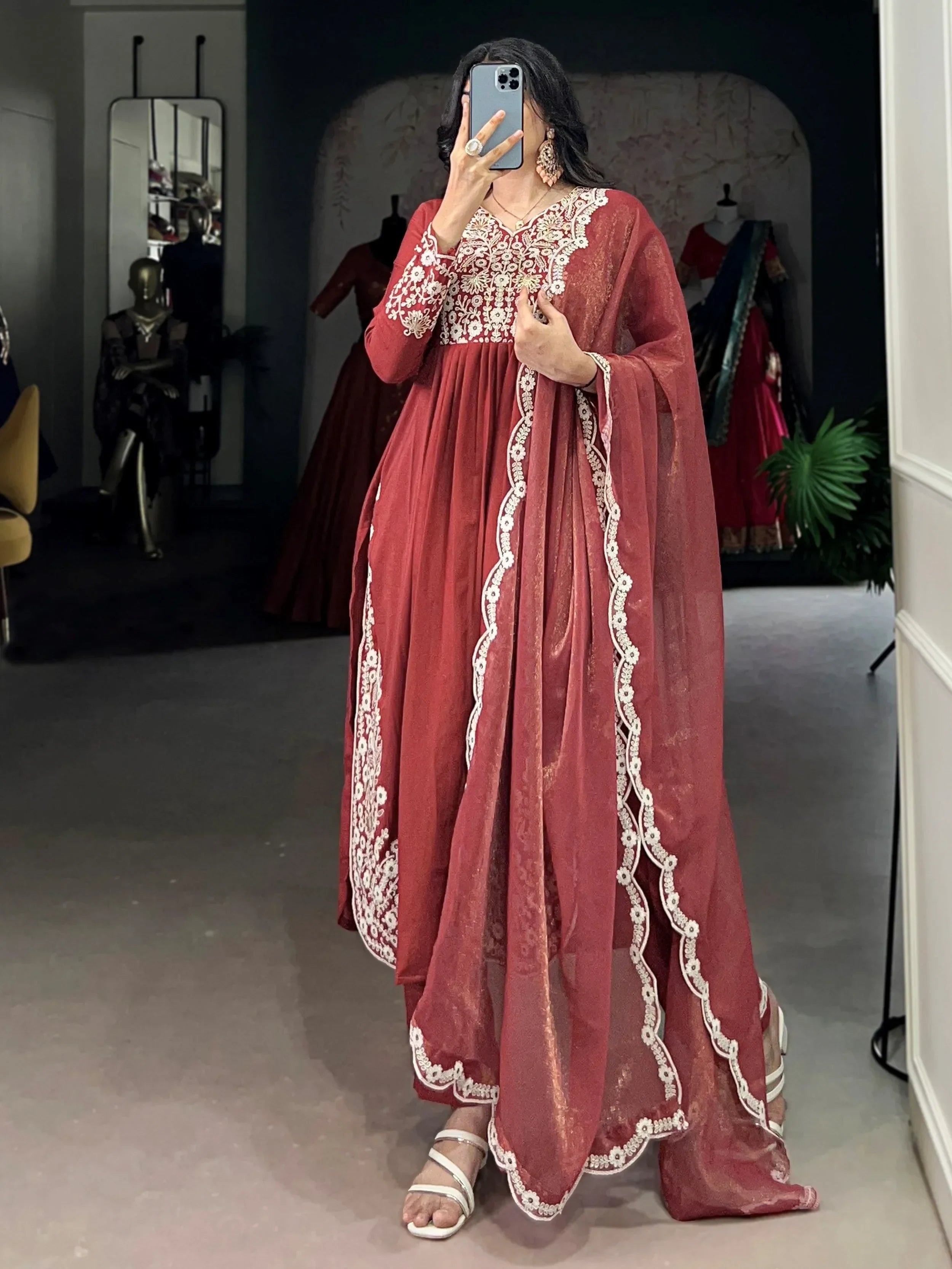 Stylish Orange Thread Embroidered Cotton Festive Wear Salwar Kameez