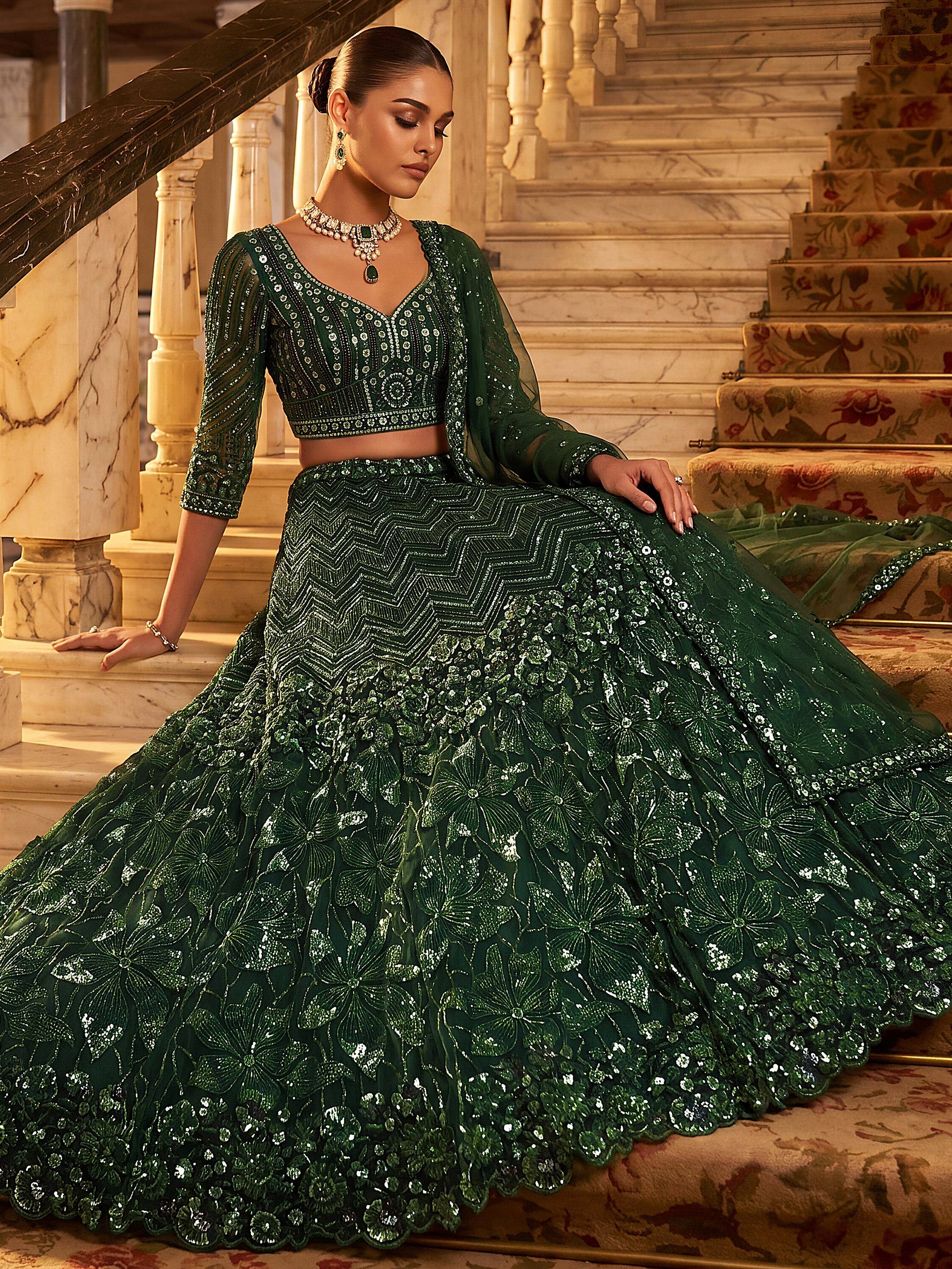 Rich Bottle Green Sequins Net Cocktail Wear Lehenga Choli With Dupatta