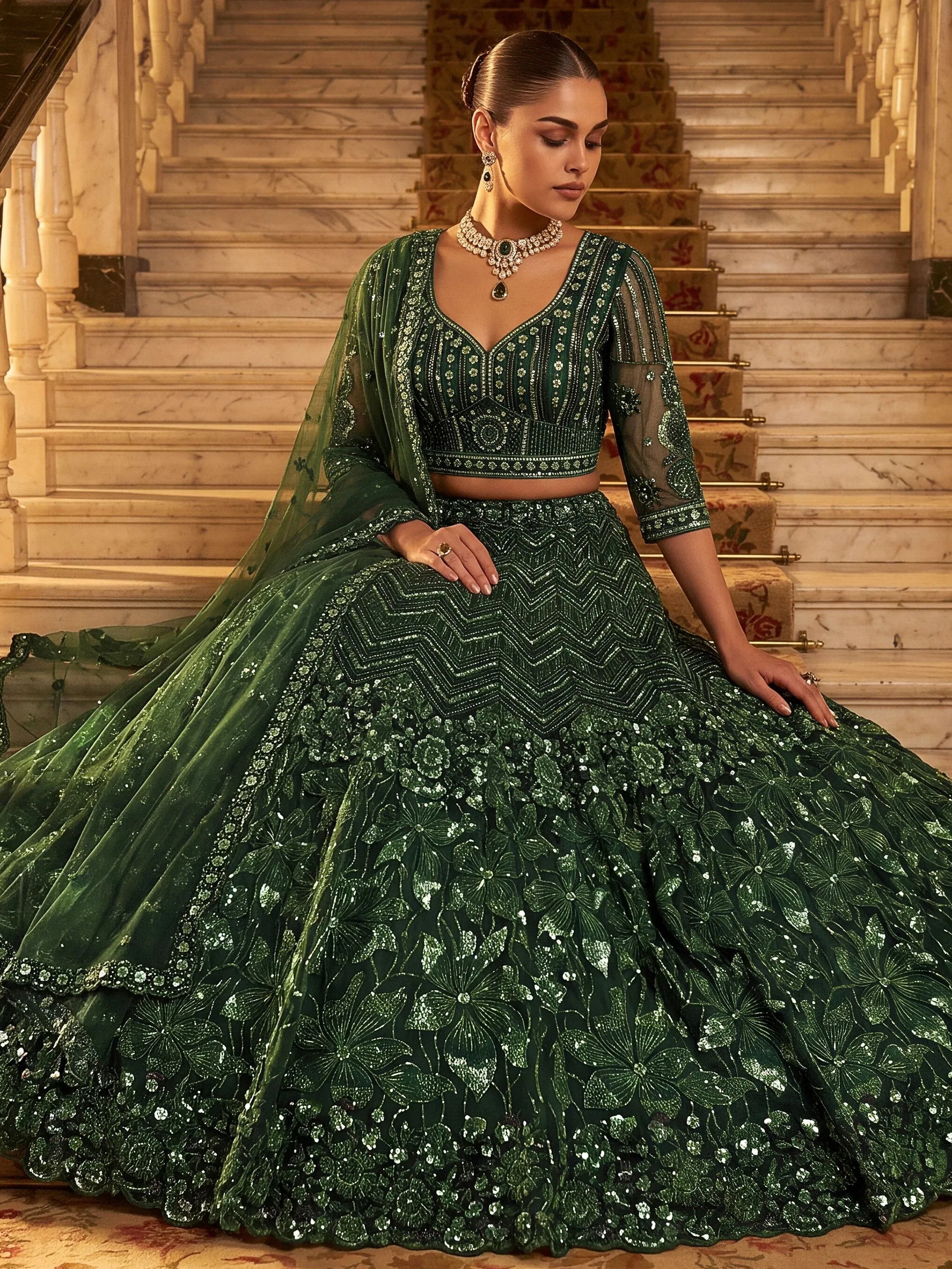 Rich Bottle Green Sequins Net Cocktail Wear Lehenga Choli With Dupatta