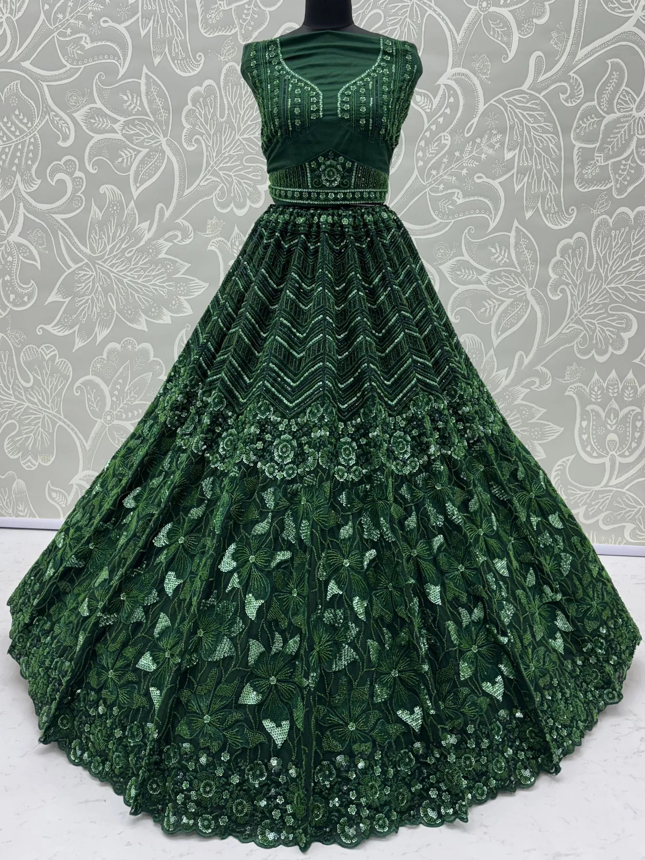 Rich Bottle Green Sequins Net Cocktail Wear Lehenga Choli With Dupatta