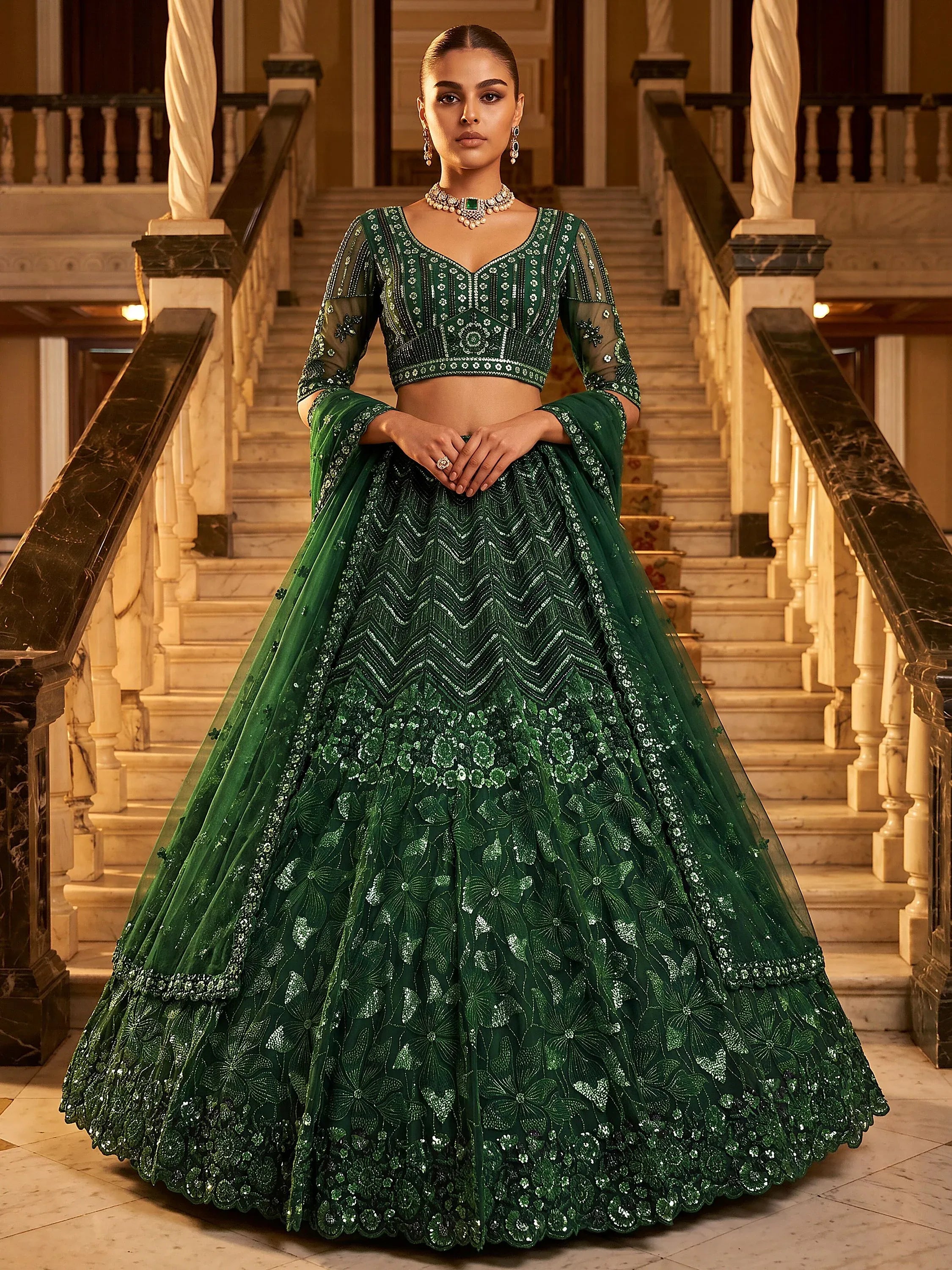 Rich Bottle Green Sequins Net Cocktail Wear Lehenga Choli With Dupatta