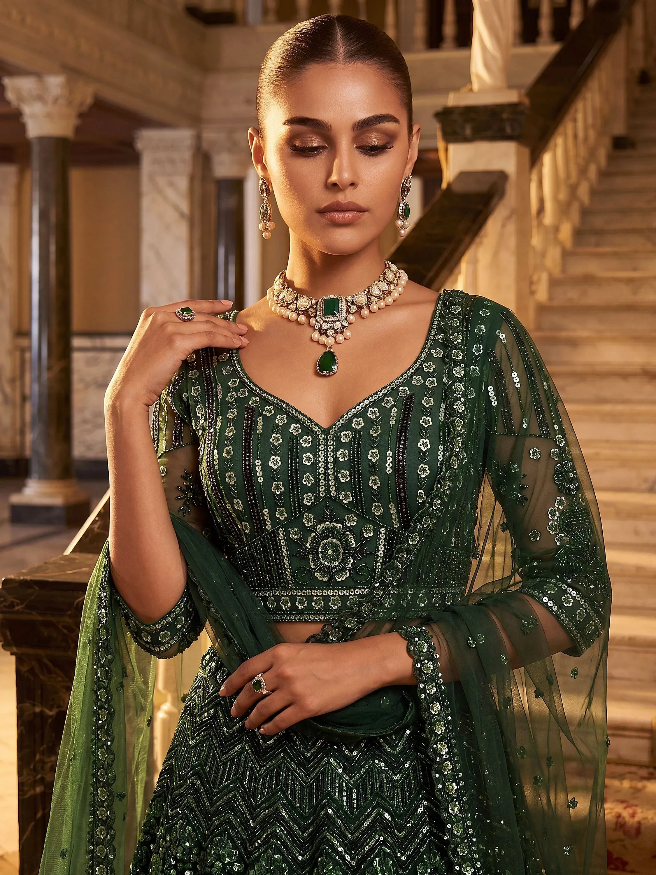 Rich Bottle Green Sequins Net Cocktail Wear Lehenga Choli With Dupatta